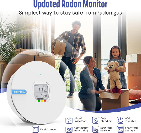 Life Basis Radon Detector for Home, Portable Radon Tester with Ink Screen Short & Long Term Radon Monitoring No Lab Fees Battery Operated, Canadian Version Bq/m3 & pCi/L Selectable, White