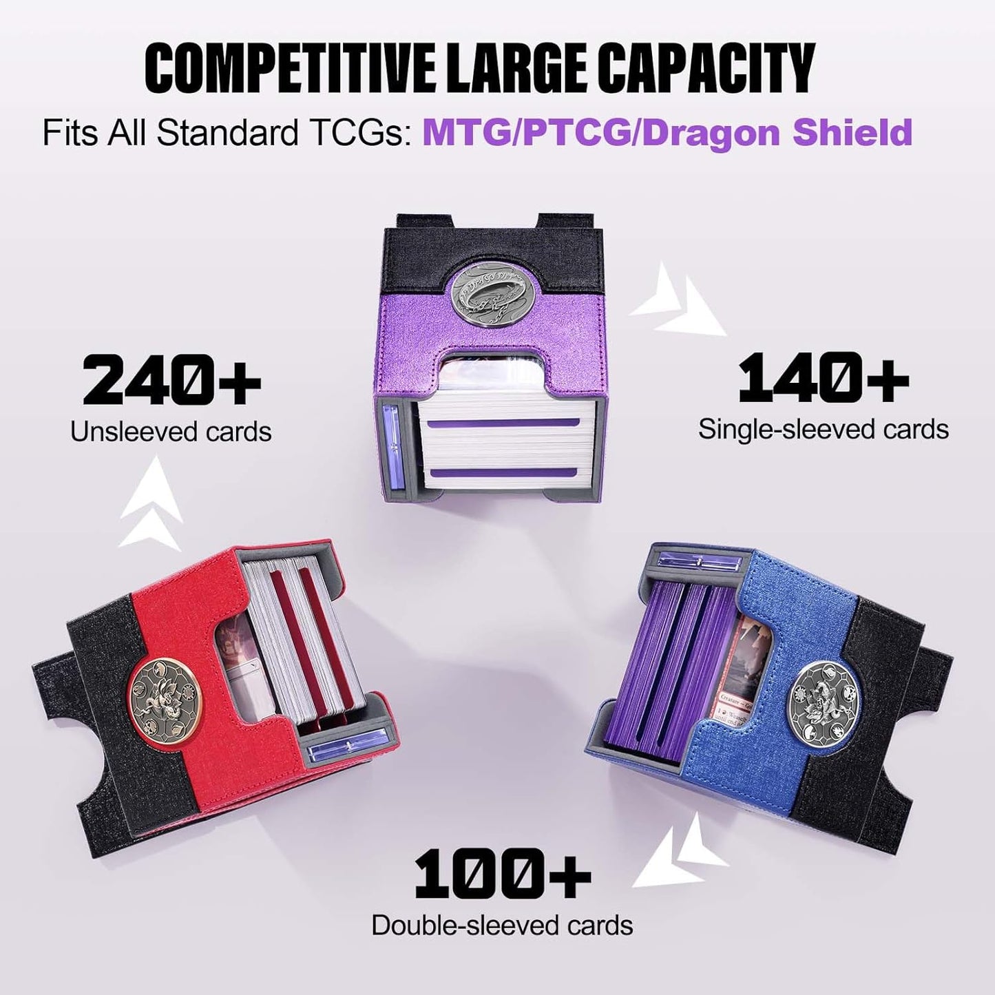 Kabinka Commander Deck Box for MTG with Metal Emblem, Card Deck Box with Dice Tray, Hold 100 Double-Sleeved Cards for TCG/PTCG, Cards Storage Case, 35PT Magnetic Card Holder (Black& Purple, Lotus)