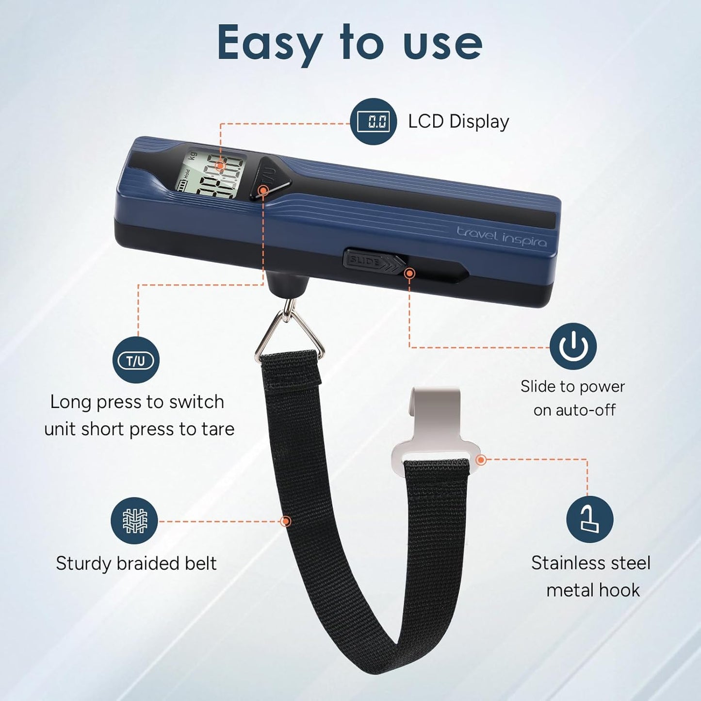 travel inspira Luggage Scale Battery-Free, Travel Essentials, Portable Handheld Digital Suitcase Weight Scale for for Travel Accessories, 110lbs/50kg (Dark Blue)