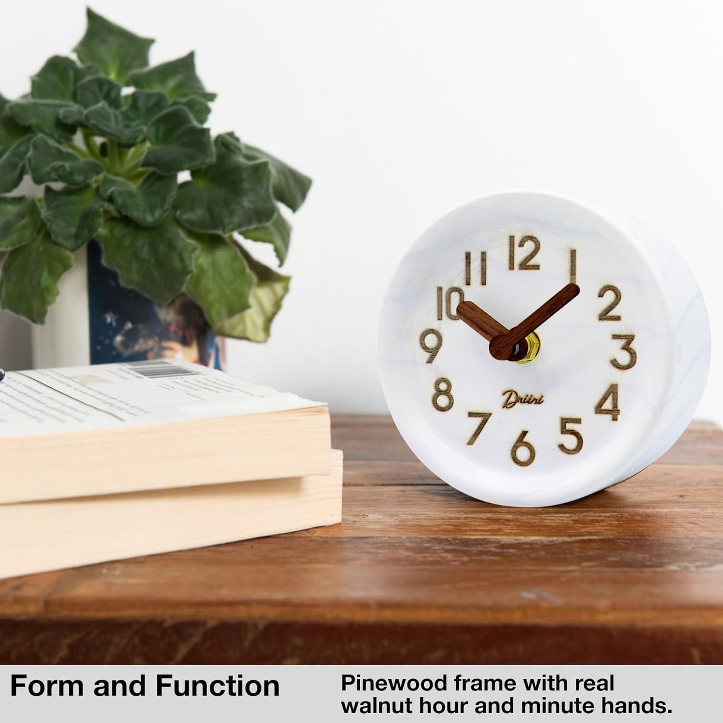 Driini Wooden Analog Desktop Clock – 4.3 in. Decorative Pinewood Clock, No-Tick Design – Easy to Read Silent Sweep Mantle Clock – Quiet Tabletop Clocks with Wood Body, Hands, & Battery Cover; Blue