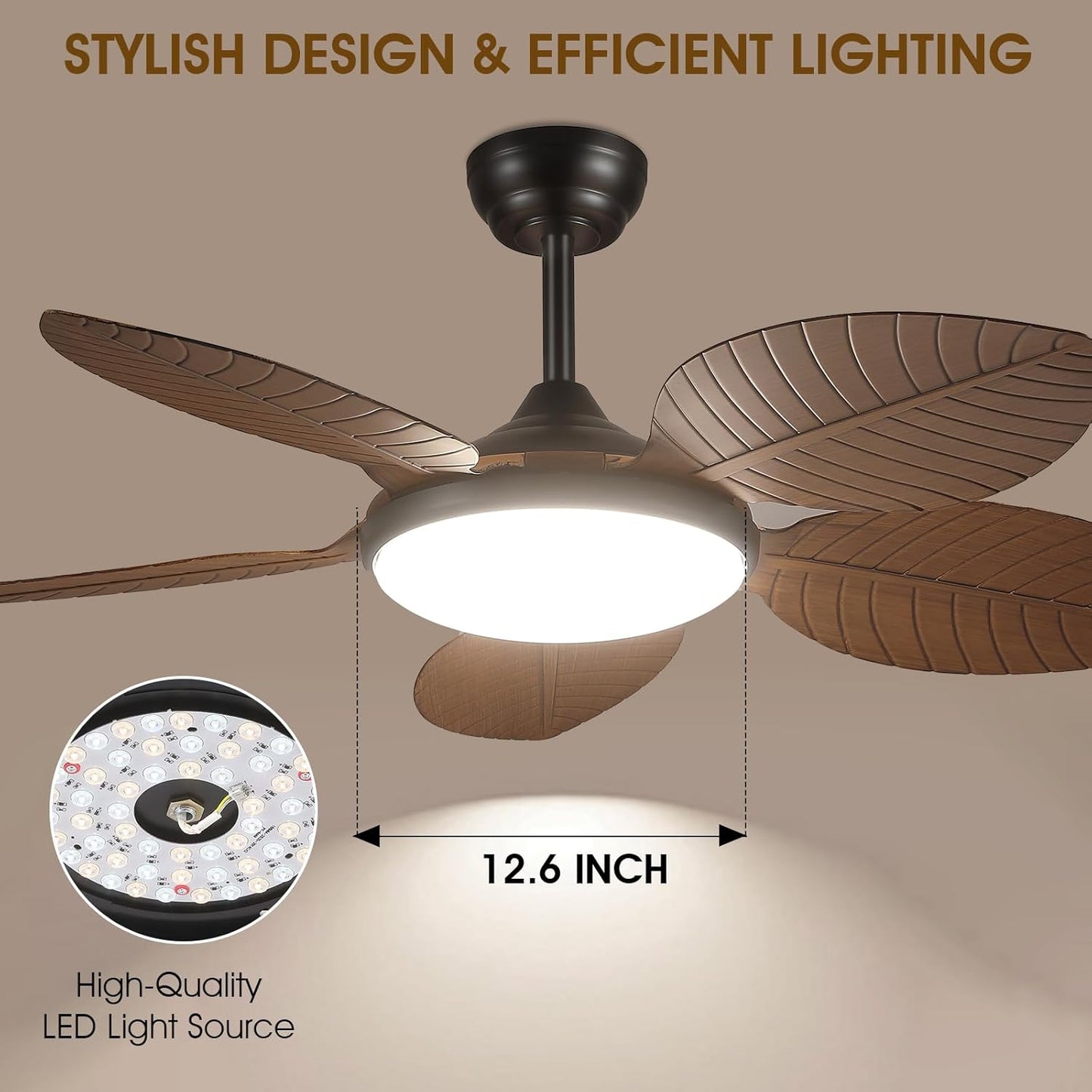 Wiviniya Ceiling Fans with Lights and Remote/APP Control, 44 Inch Tropical Palm Leaf Ceiling Fan with LED Lights, Outdoor Ceiling Fans for Patios Porch, Reversible Quiet Motor, Dimmable, Light Brown