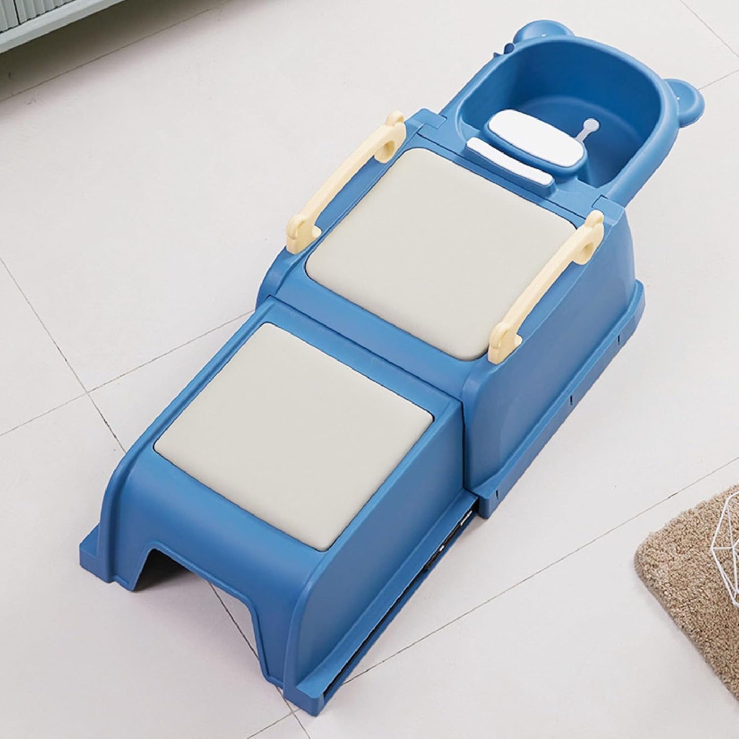 Foldable Baby Shampoo Chair, Adjustable Length Kids Hair Washing Bath Seat with Shampoo Basin and Head Cushion Soft Armrests, Non Slip Bath Chair for Children (Blue)