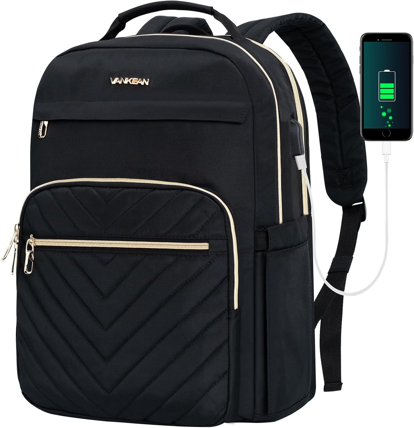 VANKEAN Laptop Backpack for Women Men Work Laptop Bag Fashion with USB Port, Daypacks for College, Business (Black, 15.6 Inch)