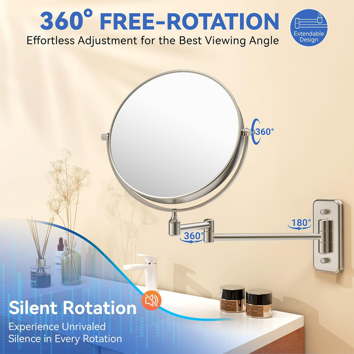 Auxmir Miroir de maquillage mural 30X/1X, miroir grossissant double face de 20,3 cm avec pince à épiler, miroir de maquillage de salle de bain, miroir cosmétique avec bras extensible pivotant à 360°, nickel