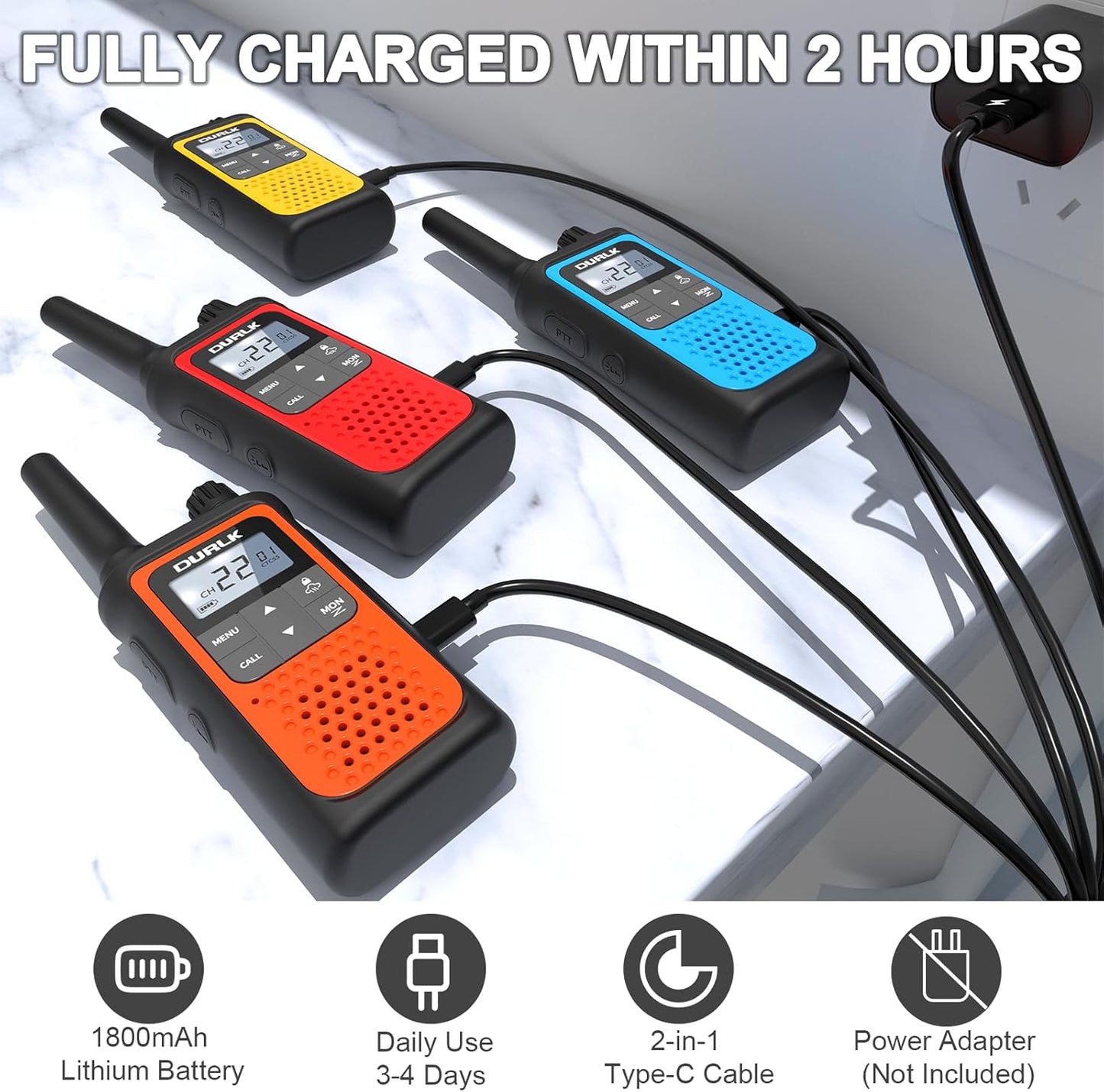 NXGKET Walkie Talkies Long Range for Adults Kids – Rechargeable Two Way Radio with 22 Ch, 1800mAh Battery, USB-C Charging, NOAA Weather, VOX, Flashlight – Great for Outdoor Camping & Hiking 4 Pack