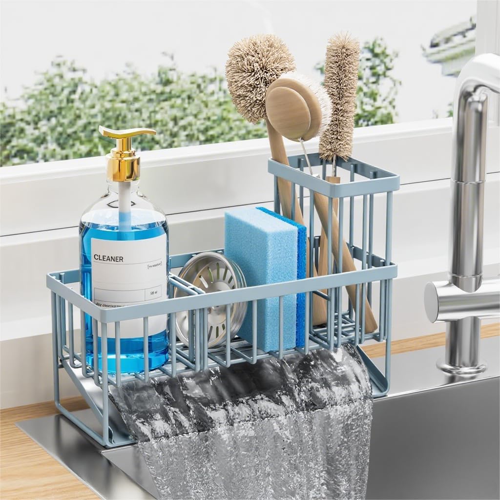 Cisily Kitchen Sink Caddy Organzier with High Brush Holder, Sponge Holder for Sink, 304 Rustproof Stainless, Kitchen Countertop Soap Dispenser Organizer, Kitchen Decor and Accessories (Black)