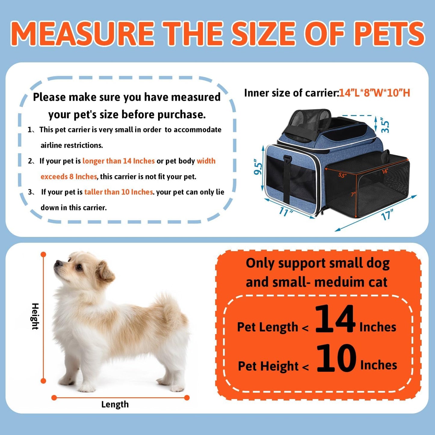 Petskd Top and Side Expandable Pet Carrier 17x12x8.5 Inches JetBlue Frontier Spirit Airline Approved, Soft-Sided Carrier for Small Cats and Dogs with Locking Safety Zipper and Anti-Scratch Mesh(Black)