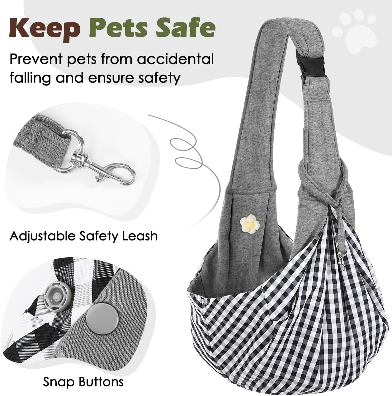 Pawaboo Small Dog Sling Carrier, Reversible Hands Free Dog Sling Carrier for Small Dogs and Cats, Puppy Sling Carrier with Adjustable Strap Buckle & Safety Harness, Puppy Essentials, Grey