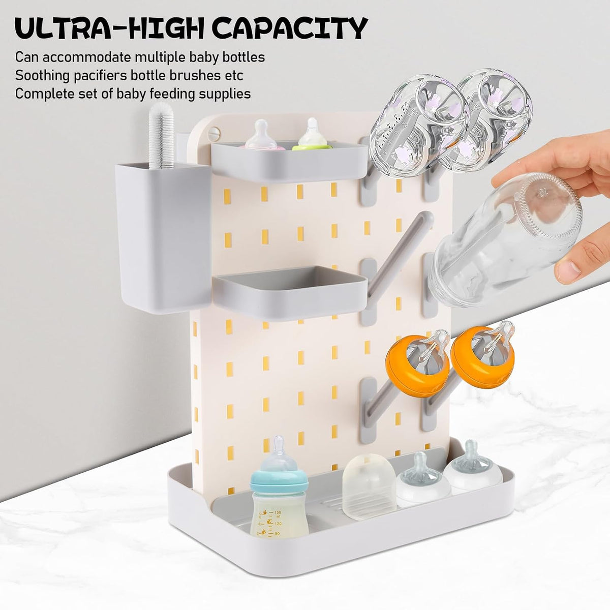 Baby Bottle Drying Rack Large Capacity Bottle Dryer Holder Space Saving Drying Rack for Baby Bottles and Cleaning Supplies (White Grey)(White Grey)