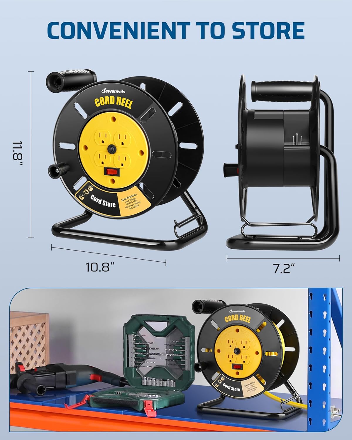 DEWENWILS Extension Cord Storage Reel with 4-Grounded Outlets, Heavy Duty Open Cord Reel for 12/3,14/3,16/3 Gauge Power Cord, Hand Wind Retractable, 10A Circuit Breaker, Rocker Power Switch