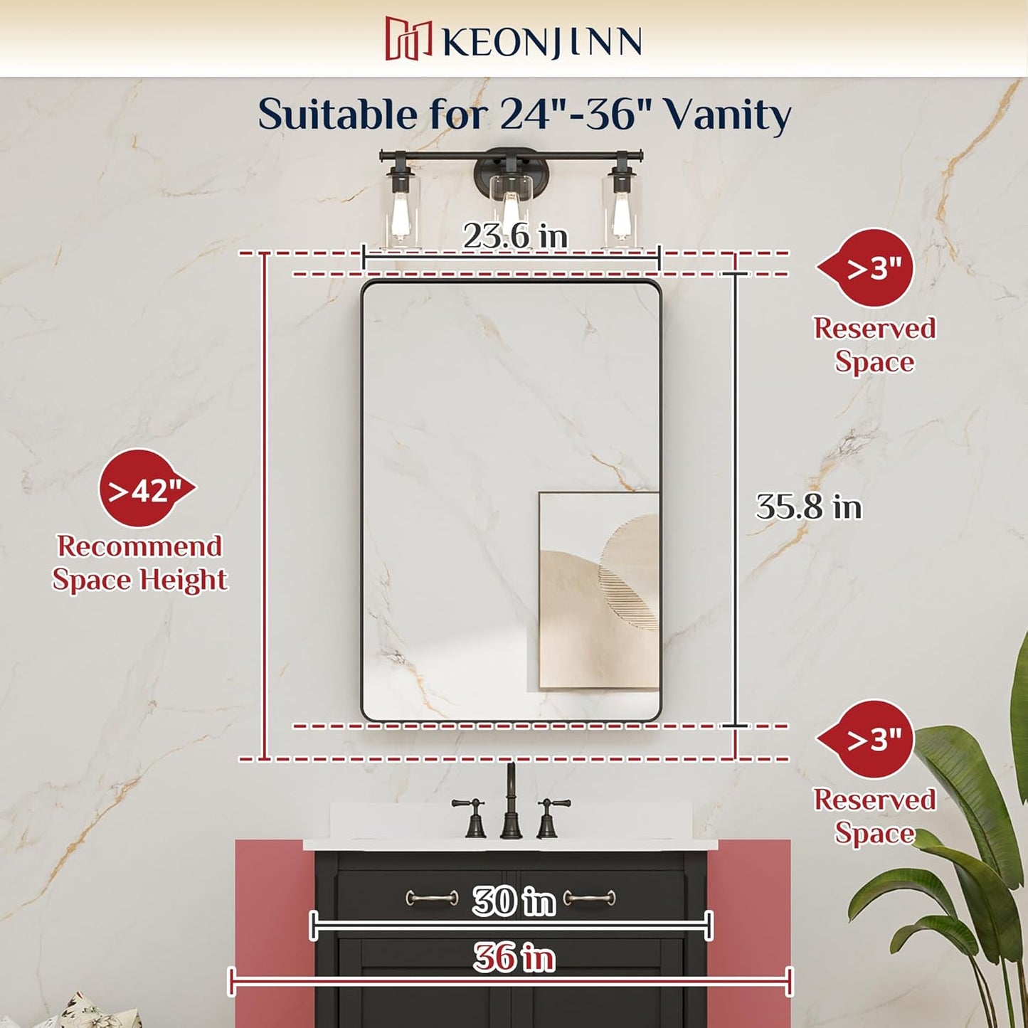 Keonjinn 42 x 36 Brushed Nickel Bathroom Vanity Mirror, Large Rounded Rectangle Bathroom Mirrors for over Sink, Metal Framed Silver Mirror for Wall, Shatterproof HD Tempered Glass(Horizontal/Vertical)