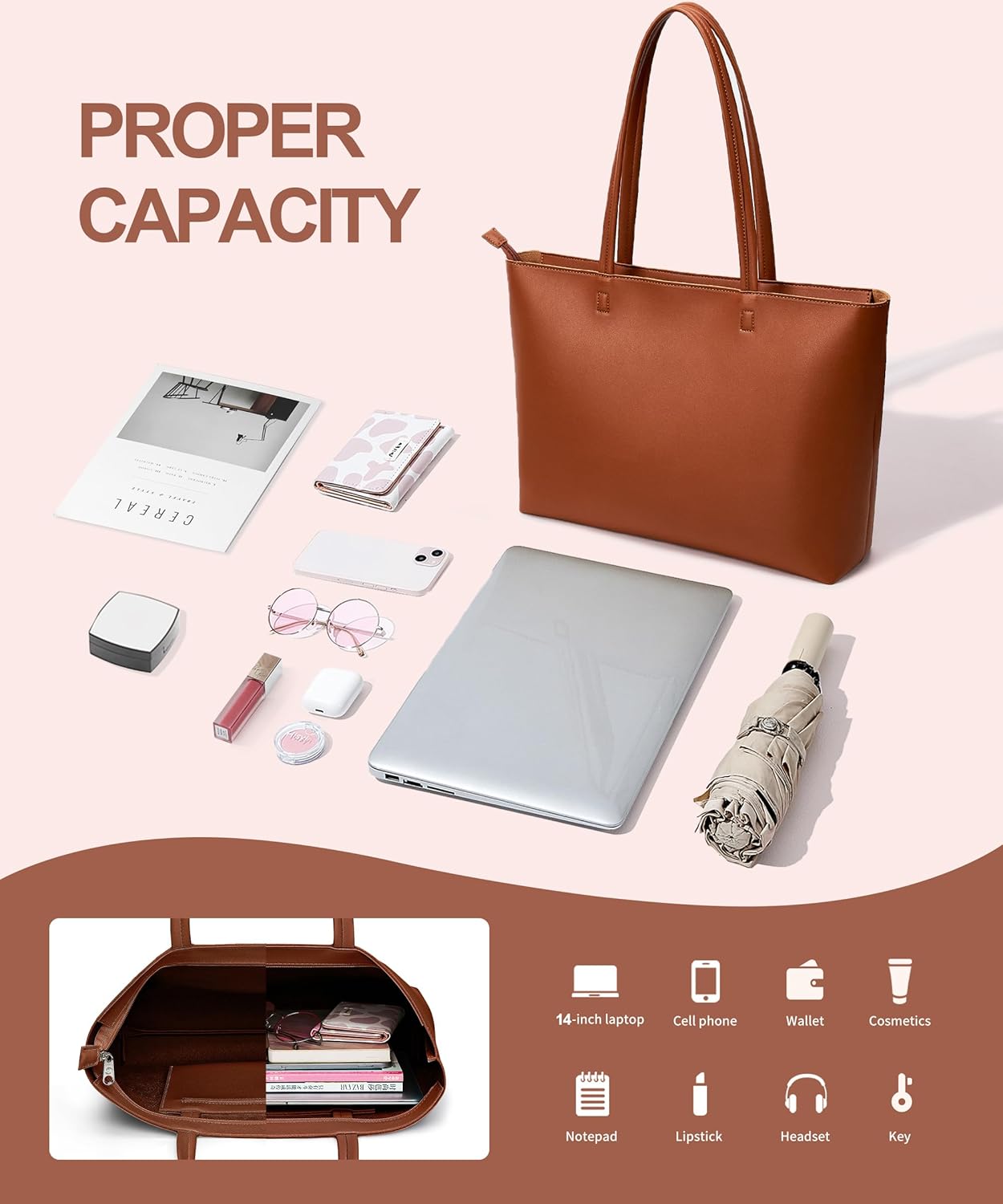KALIDI Tote Bag Zipper Shoulder Bag Faux Leather Purses for Women Large Casual Handbag Work Dating College