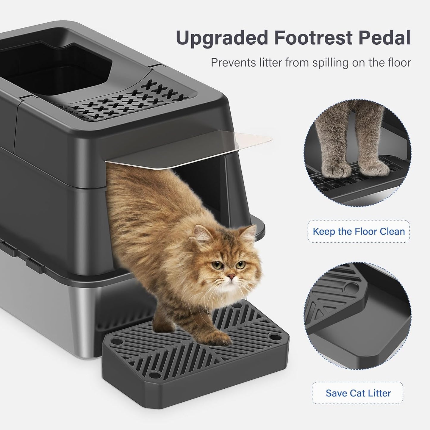 Stainless Steel Litter Box with Lid, XL Extra Large Enclosed Cat Litter Box for Big Cats 110° Flip Cover, Top Entry Metal High Sided Litter Box & Pedal & Scoop, Anti-Leakage (Grey)