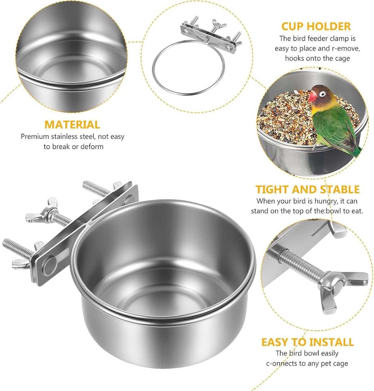 Bird Food Bowl 2-Piece Spill-Proof Pet Supplies Bird Feeding & Watering Supplies for Cage for Pigeon Small Animal Chicken Chinchilla Mouse Indoor Coops Aviaries