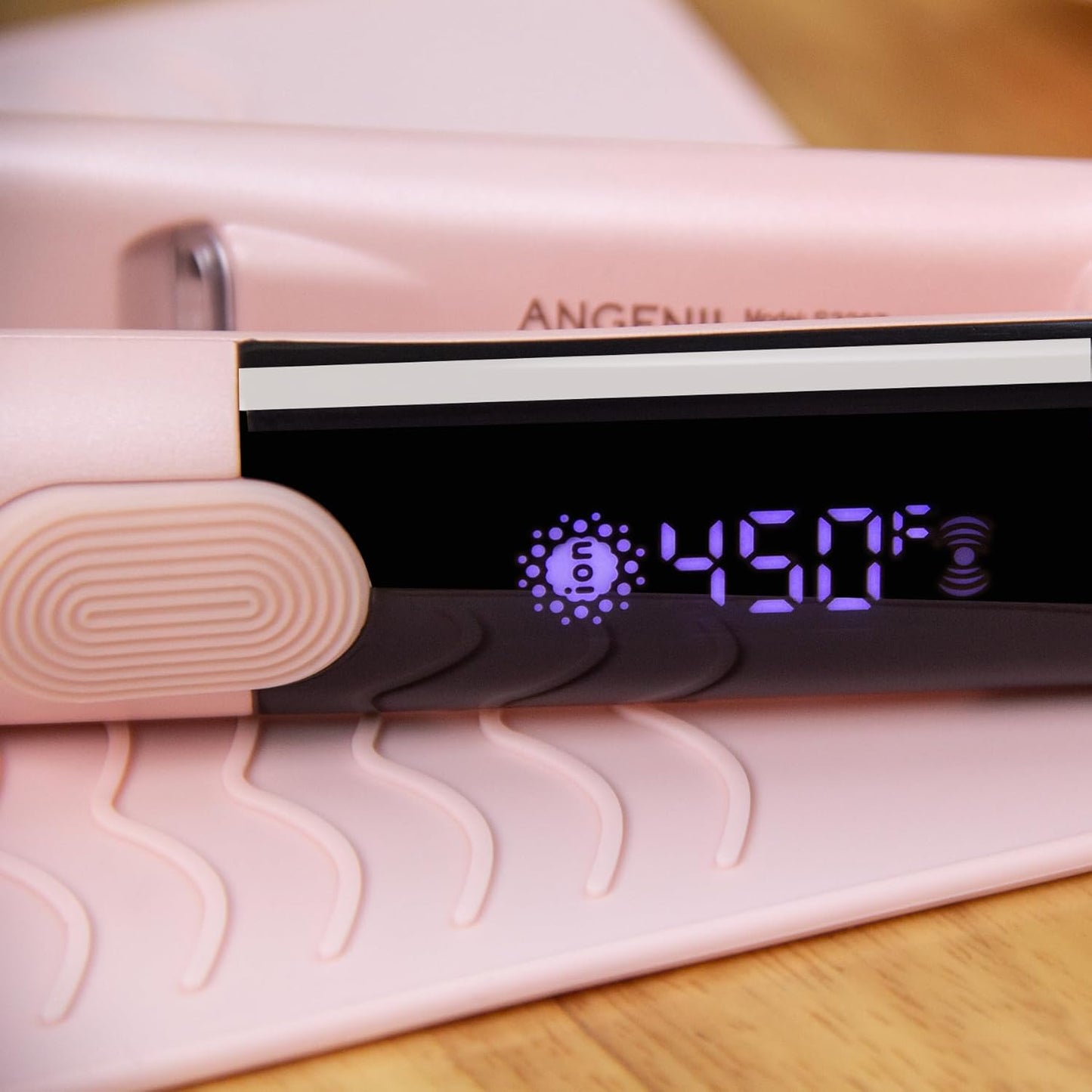 ANGENIL Pro Titanium Flat Iron Hair Straightener, Dual Voltage Straightening and Curling Iron in One, 15s Fast Heating, Negative Ion Round Pink Hair Straightener with Heat Resistant Silicone Mat Pad