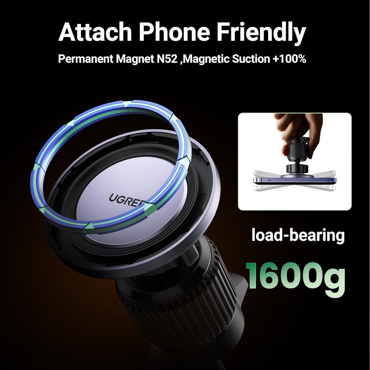 UGREEN Fits MagSafe Car Mount Upgrade Strong Enlarged Magnets for iPhone 14 13 12 Pro Max Series Magsafe Case, Super Stable Magnetic Phone Holder Car Vent Mount for All Phones with 2 Metal Rings