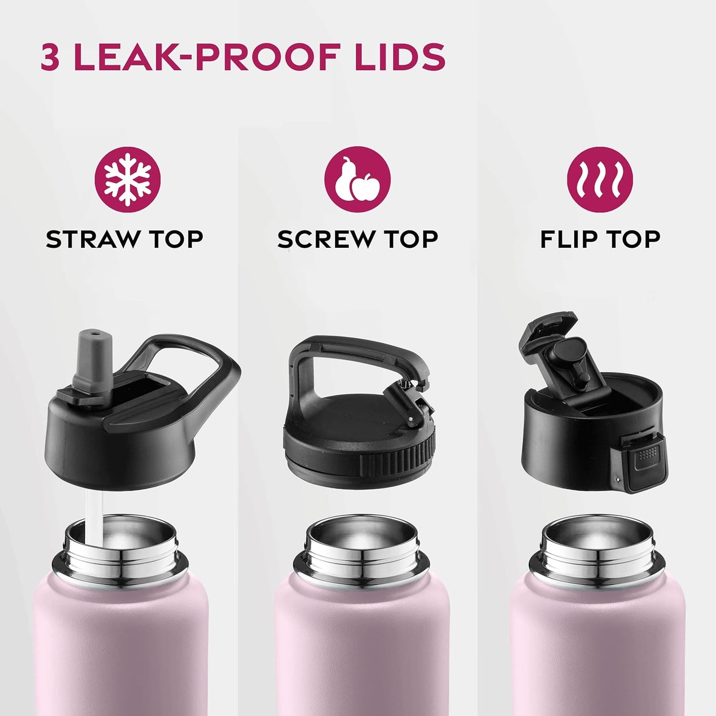FineDine Water Bottle - Stainless Steel Insulated Water Bottle with Straw Lid, Flip Lid & Wide-Mouth Cap - Keeps Hot and Cold - 25 Oz / 739ml - Pure Pearly White