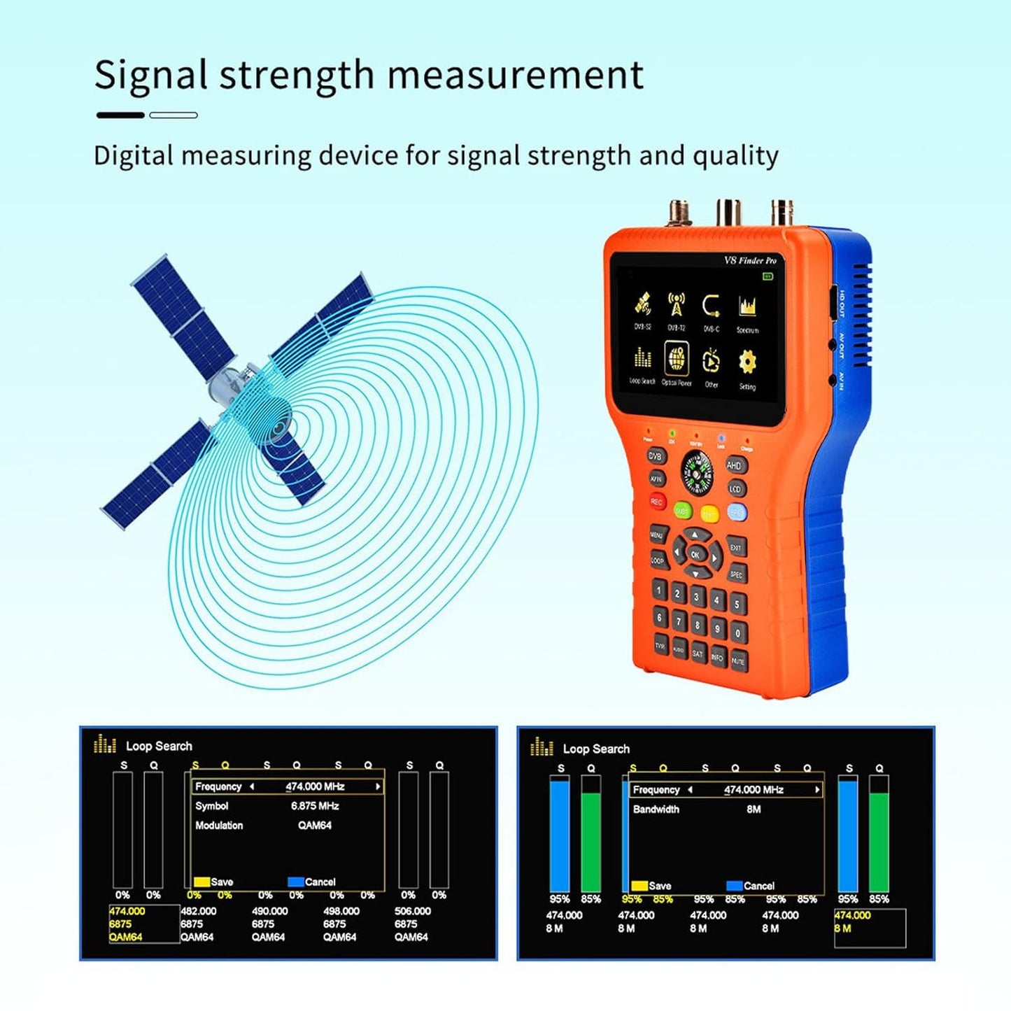 Satellite Finder, V8 Finder PRO FTA DVB S2 S2X Meter Digital Satellite Finder with 4.3inch LCD Screen Compass Function (US Plug)