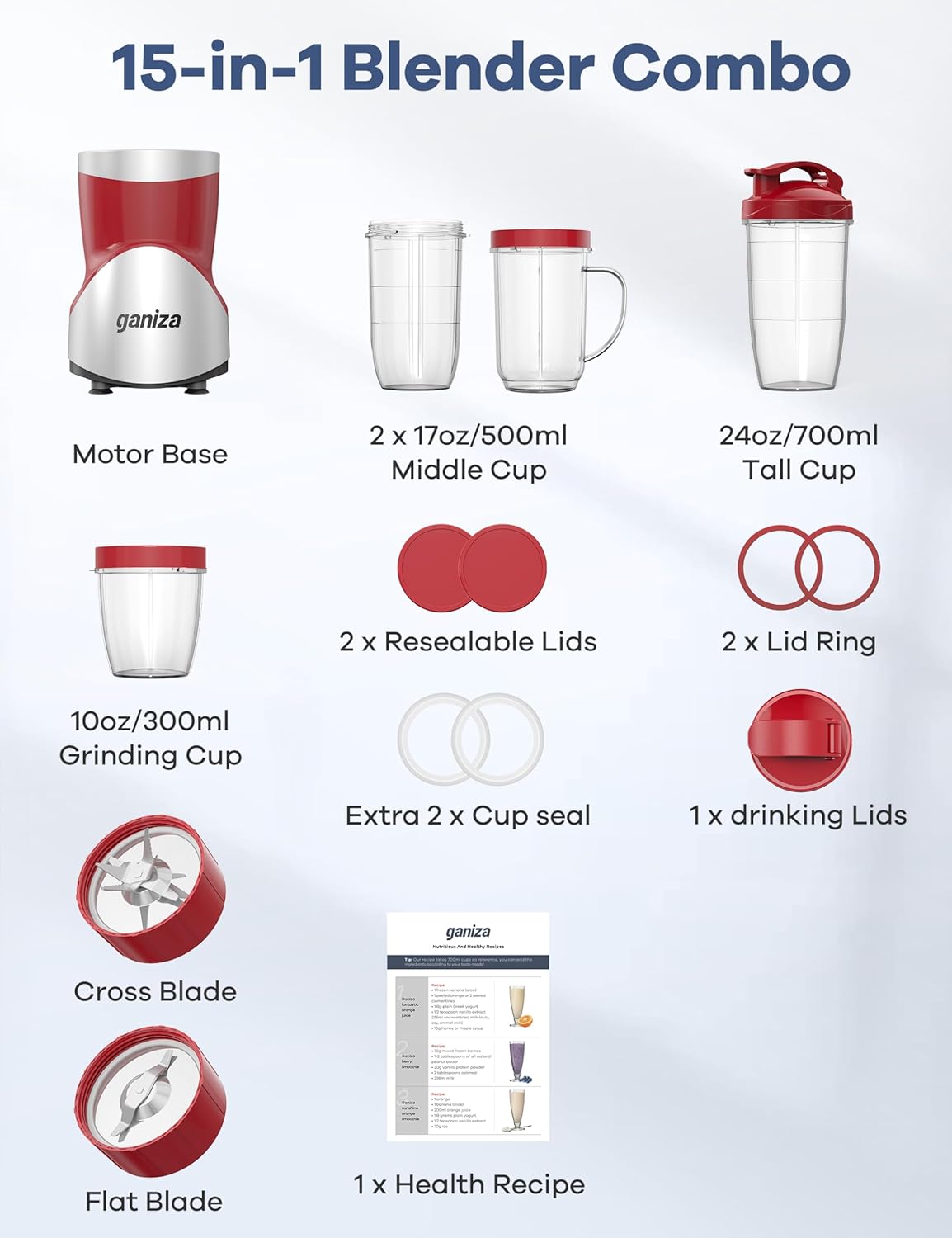 Smoothie Blender, Ganiza Blenders for Smoothies with 15-Piece Blender and Grinder Combo, 4 BPA-Free Personal Blender Cup, for Shakes, Protein Drinks, Fruit Vegetable Drink, Nuts, Spices, Coffee Beans