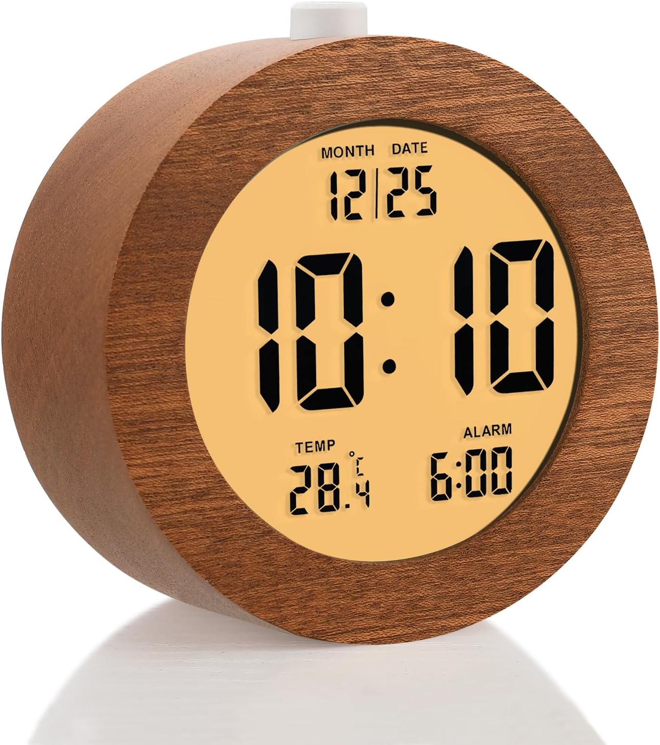 Plumeet Wooden Digital Alarm Clock for Bedrooms, Wood 4'' Battery Powered Alarm Clock with Snooze and Nightlight, Electronic LCD Desk Clock Display Time, Date, Temp, 12/24H, Wood Décor (Sapele, 3.2'')