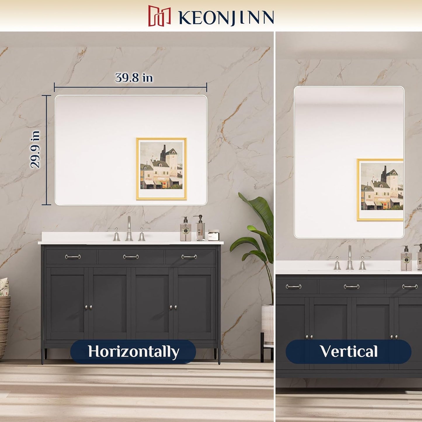 Keonjinn 42 x 36 Brushed Nickel Bathroom Vanity Mirror, Large Rounded Rectangle Bathroom Mirrors for over Sink, Metal Framed Silver Mirror for Wall, Shatterproof HD Tempered Glass(Horizontal/Vertical)