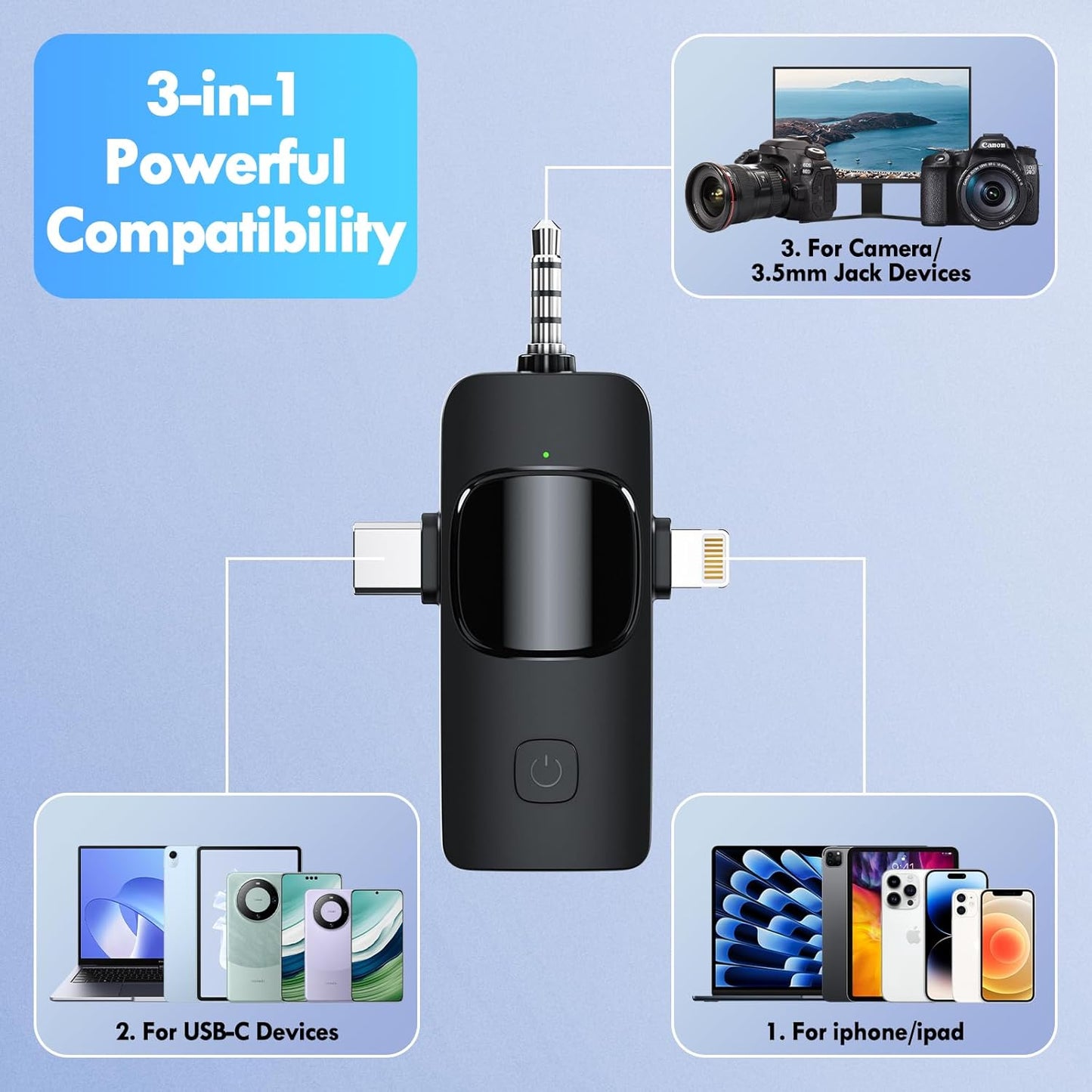3 in 1 Wireless Lavalier Microphone for iPhone iPad Android Camera USB-C, Mini Microphone with Noise Reduction, Plug-Play Wireless Microphone for YouTube, Video Recording, Interviews, TikTok, Vlog