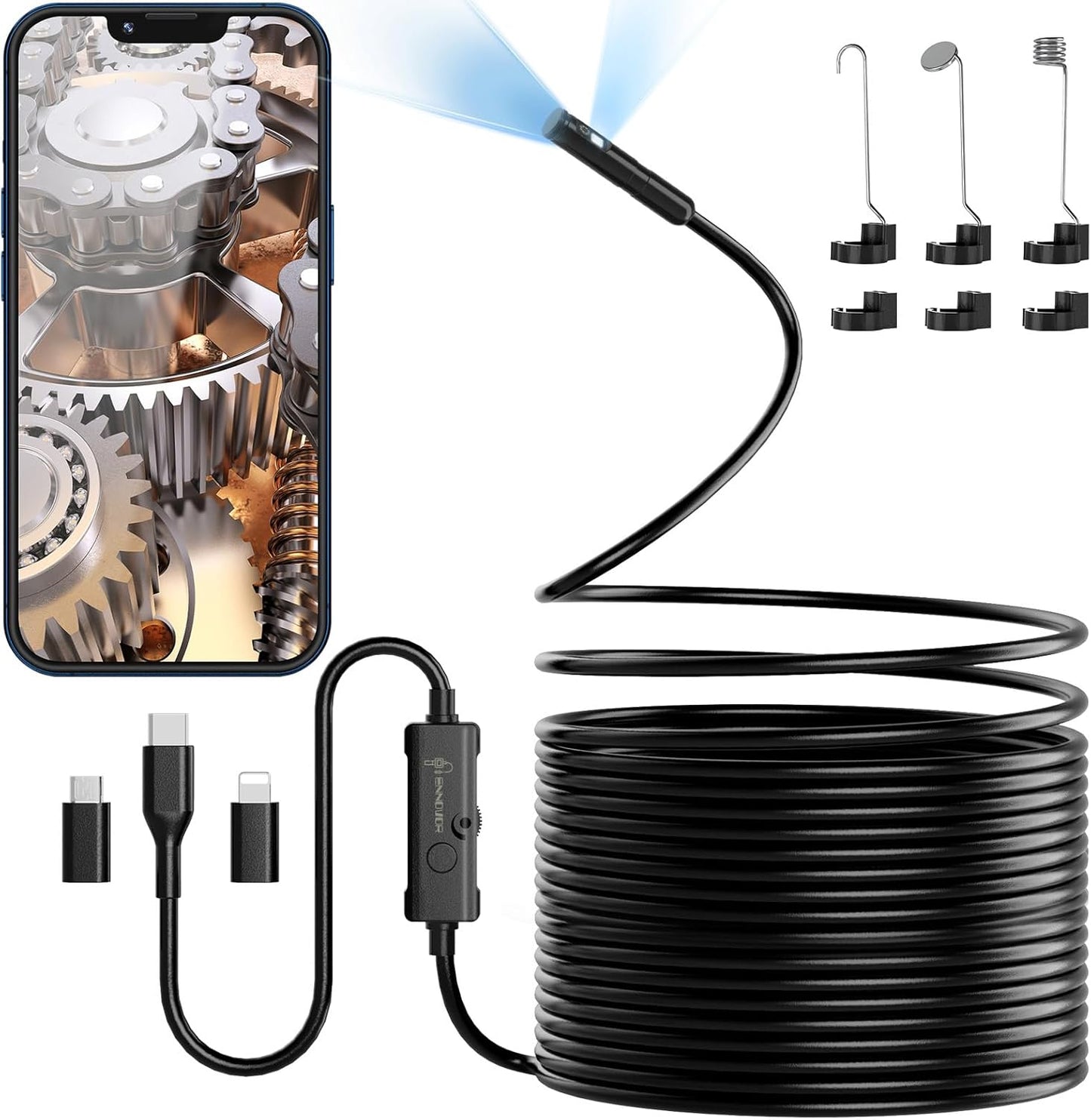Endoscope Camera with Light, Ennovor 1920P HD, Endoscope Inspection with 8 Adjustable LED Lights, Borescope with Flexible Rigid Snake Camera, IP67 Waterproof and No WiFi Required, for Android iOS