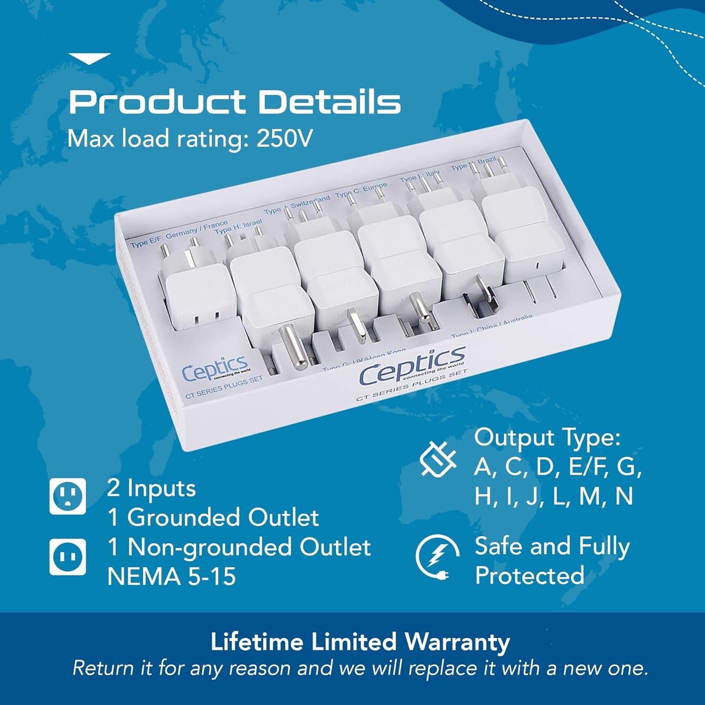 Ceptics Universal Travel Adapter kit, Dual USB (QC 3.0) + 2 US outlets + USB-C Cable, Use with Chargers, Cell Phones, Laptops, 6 Plug attachments for Worldwide use (Does Not Convert Voltage) (WPS-2B)