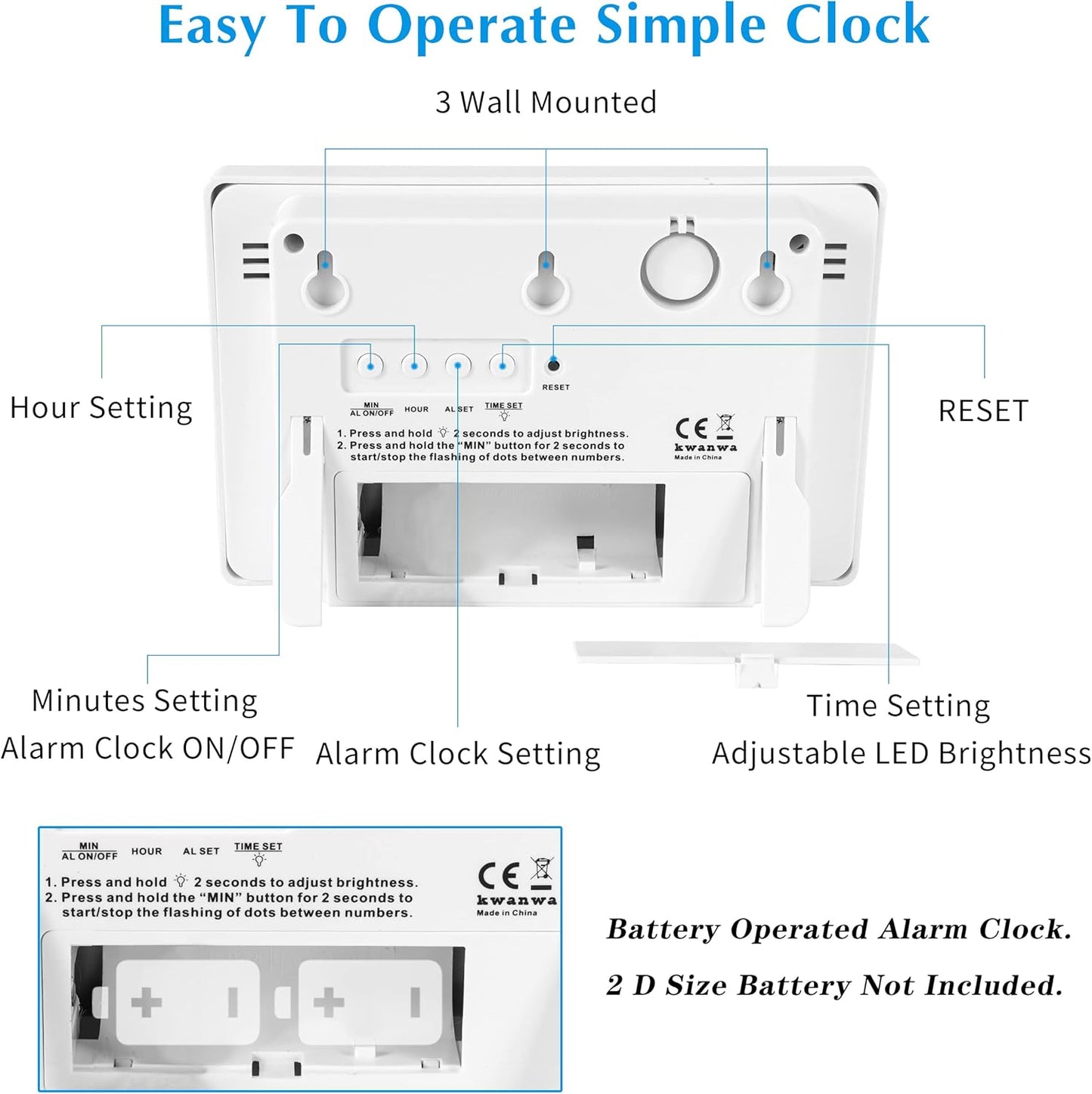 Wall Clock, Digital Clock, 8" Extra Large Display, 3" Big LED Number, Battery Operated, Adjustable Brightness, Clock for Bedroom, for Desk, Wall Mounted