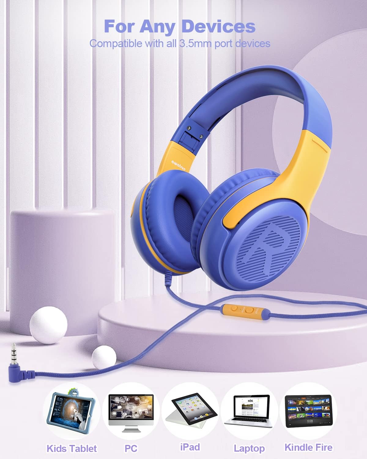 awatrue Kids Headphones with Microphone, Wired Headphones for Kids 85/94dB Safe Volume Limit, Over Ear Headsets, Boys Girls Childrens Headphones for School/Travel/Fire Tablet/BlueOrange