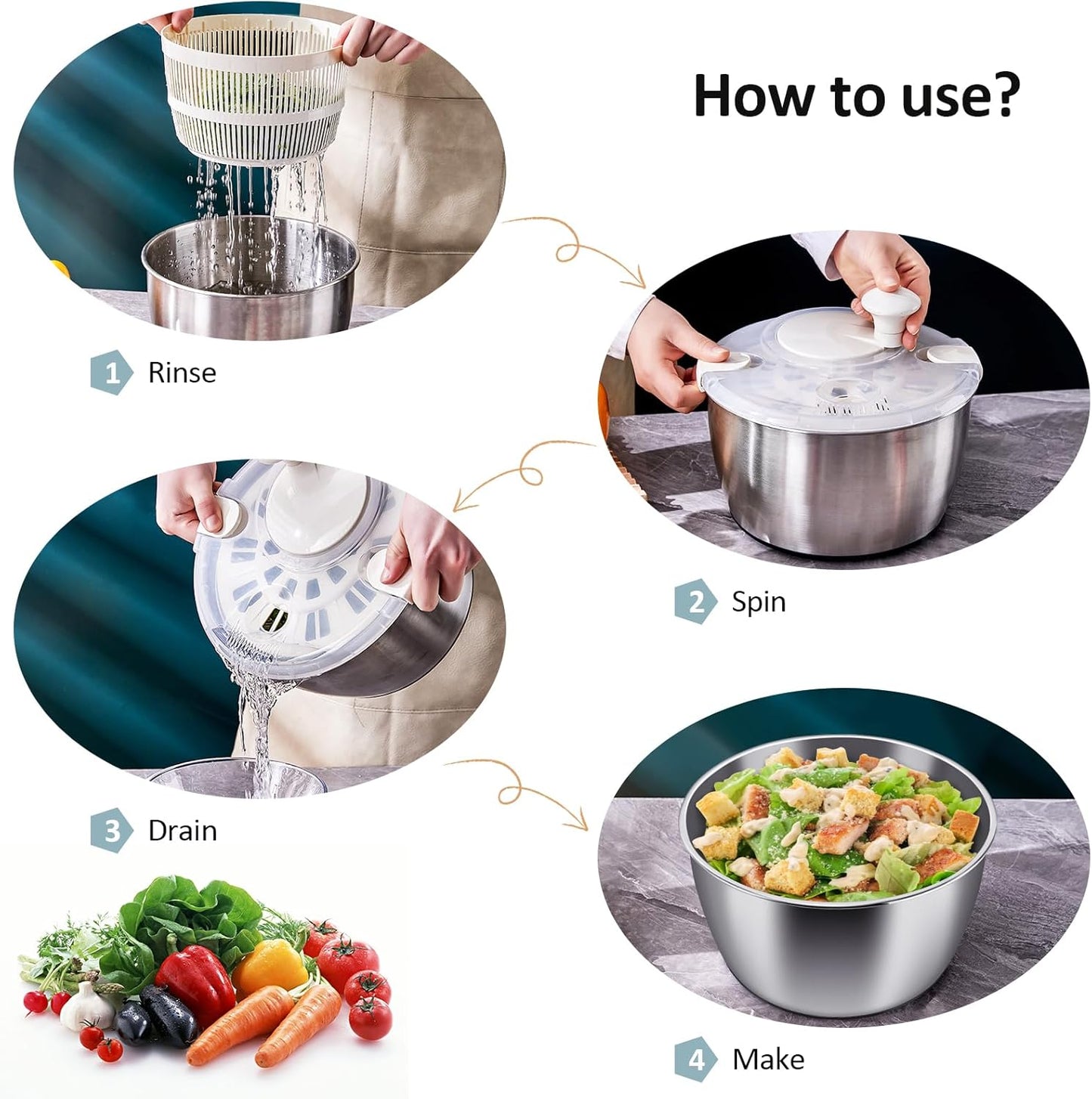 RAINBEAN Salad Spinner Stainless Steel Large, Multi-Use Lettuce Spinner Wash Spin and Dry Fruits and Vegetables with Drain Bowl Colander Spinner (5 Qt)