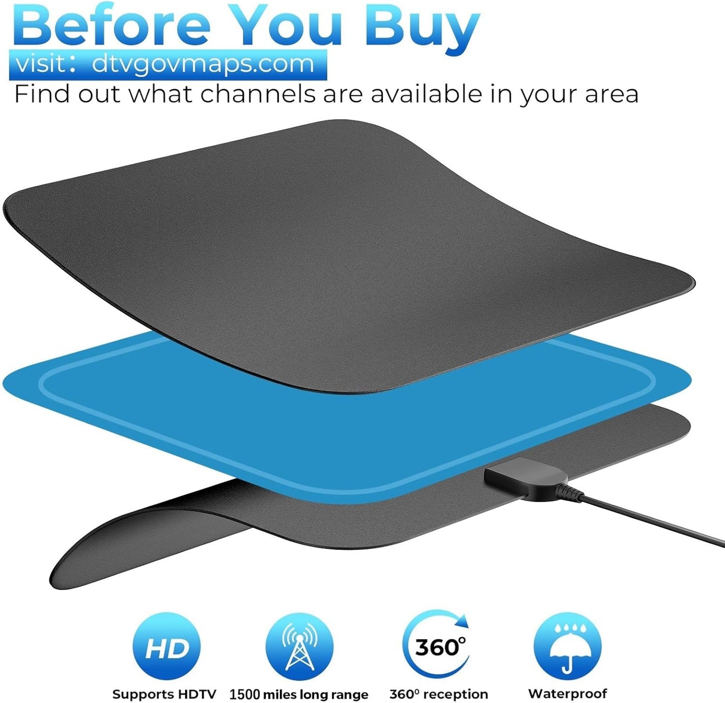 1500+ Miles Long Range Digital Antenna for Smart TV, 2025 Upgraded TV Antenna Indoor/Outdoor with Amplifier 360° Reception, HD TV Antenna for Local Channels Support 8K 4K 1080P-16FT Coax Cable