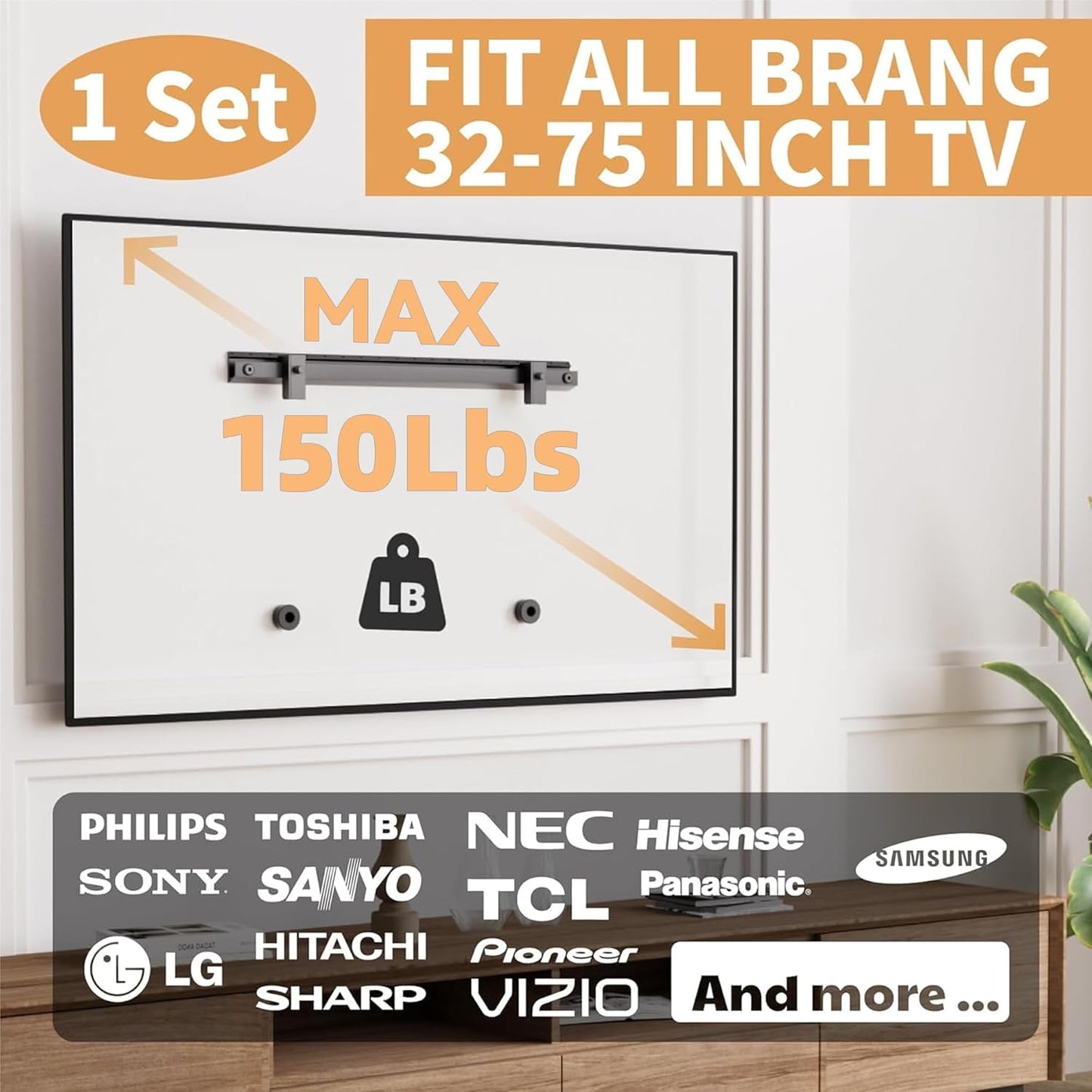 AENTGIU Studless TV Wall Mount, No Drill Drywall TV Bracket Hanger for 32-75 inch Flat Screen TVs, No Anchors, No Stud, Heavy Duty, Easy Install with All Hardware Included