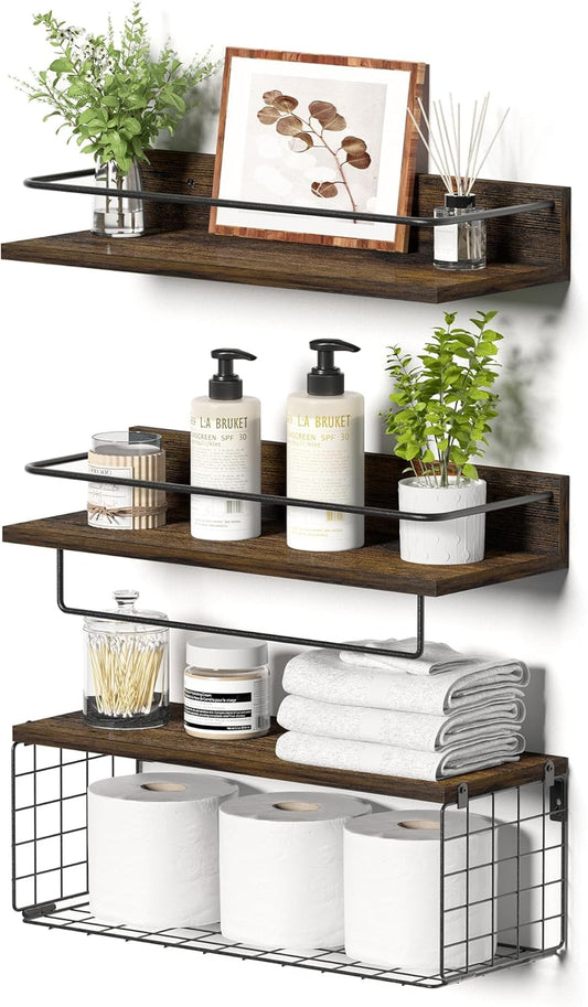 Bathroom Shelves with Wire Storage Basket, Wood Wall Mounted Floating Shelves Over Toilet Paper Holder with Towel Bar for Bedroom, Living Room, Kitchen and Bathroom