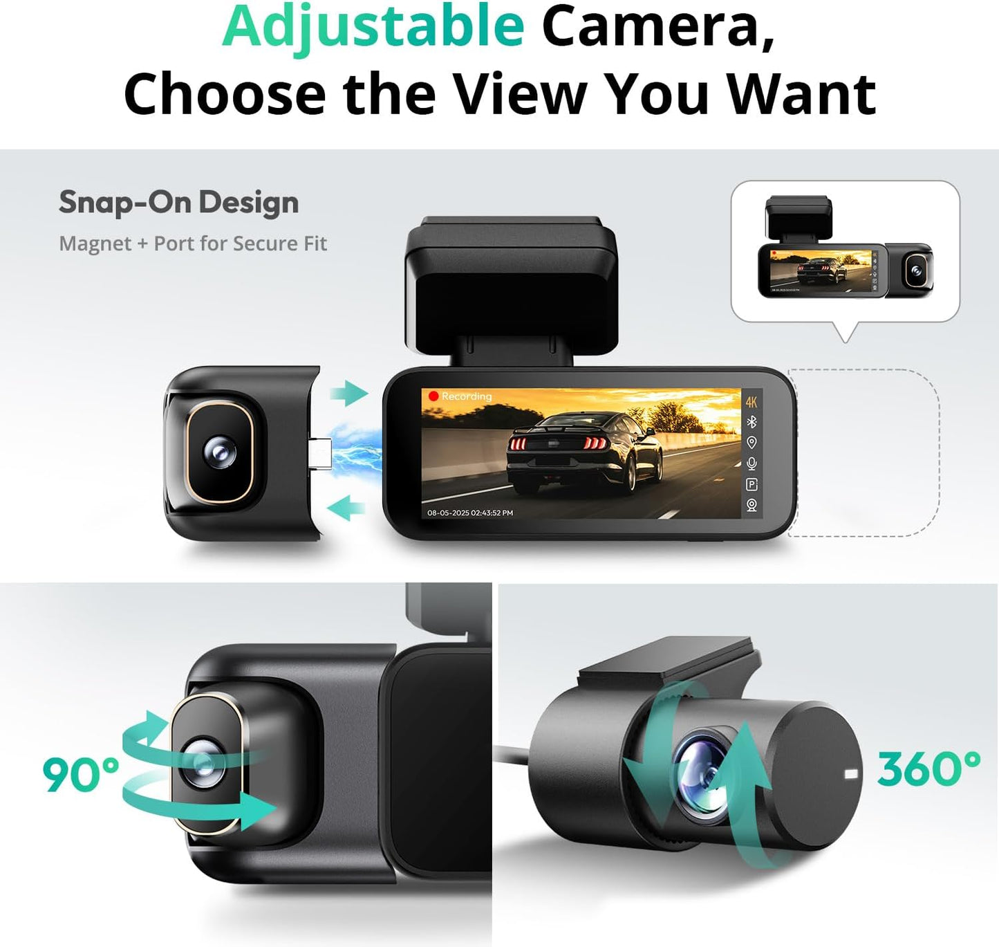 BOTSLAB 3 Channel 4K Dashcam with 128GB Card, Voice Control, 3.18" Touch Screen, 4K Front and 1080P Rear Inside Loop Recording, Triple Car Camera with IR Night Vision, WDR, Parking Mode