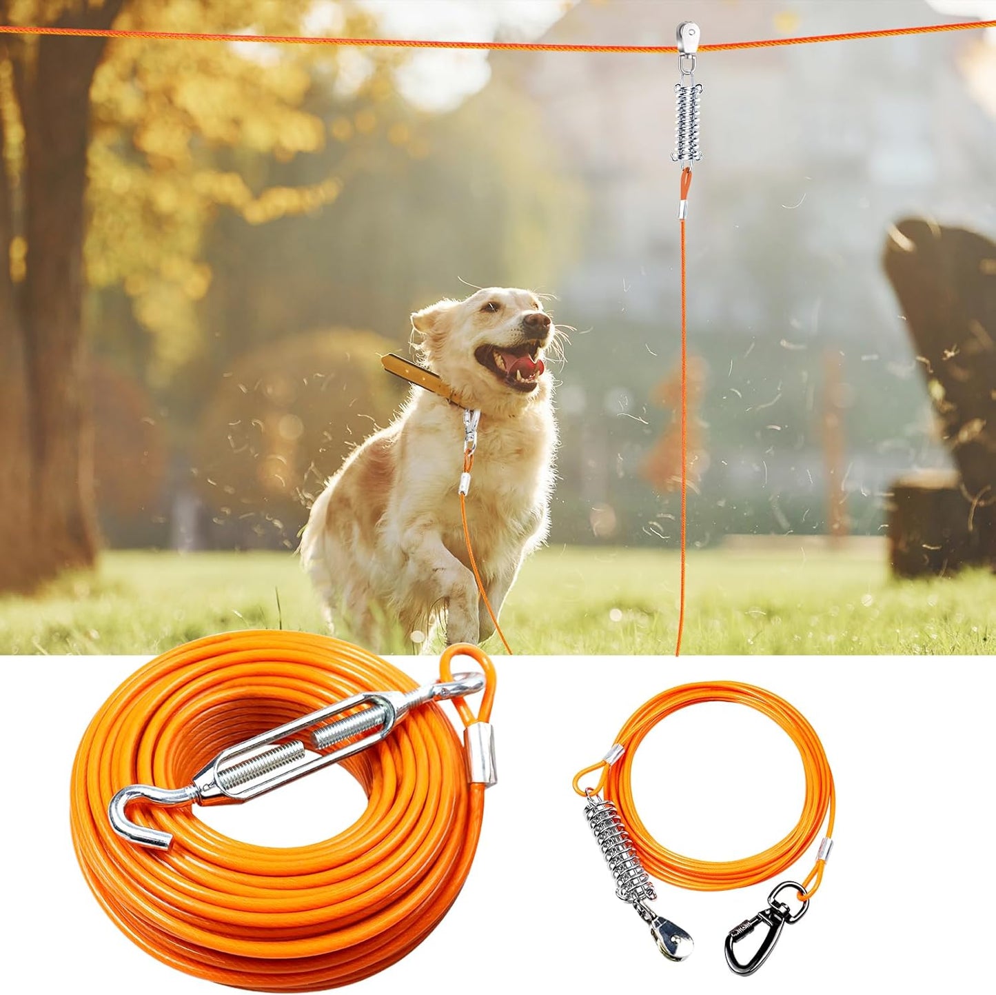 Snagle Paw Dog Tie Out Runner for Yard,Trolley System for Large Dogs,Heavy Duty Dog Run Cable with 10ft Pulley Runner Line for Dogs Up to 125lbs,Yard or Camping,75ft