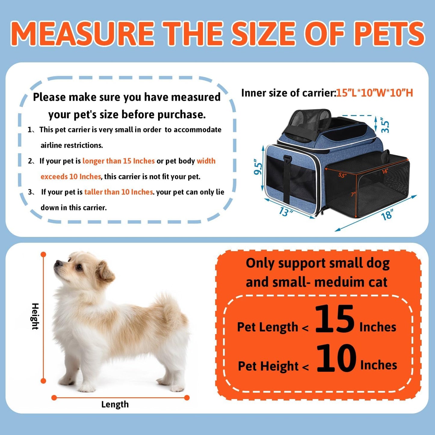 Petskd Top and Side Expandable Pet Carrier 17x12x8.5 Inches JetBlue Frontier Spirit Airline Approved, Soft-Sided Carrier for Small Cats and Dogs with Locking Safety Zipper and Anti-Scratch Mesh(Black)