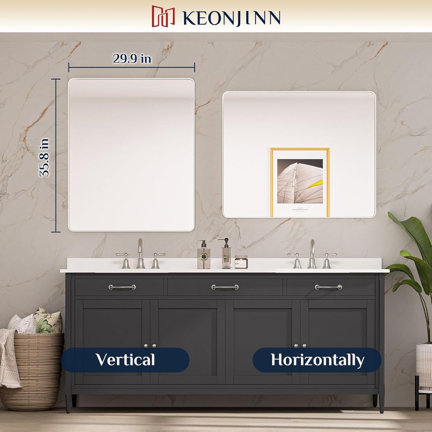 Keonjinn 42 x 36 Brushed Nickel Bathroom Vanity Mirror, Large Rounded Rectangle Bathroom Mirrors for over Sink, Metal Framed Silver Mirror for Wall, Shatterproof HD Tempered Glass(Horizontal/Vertical)