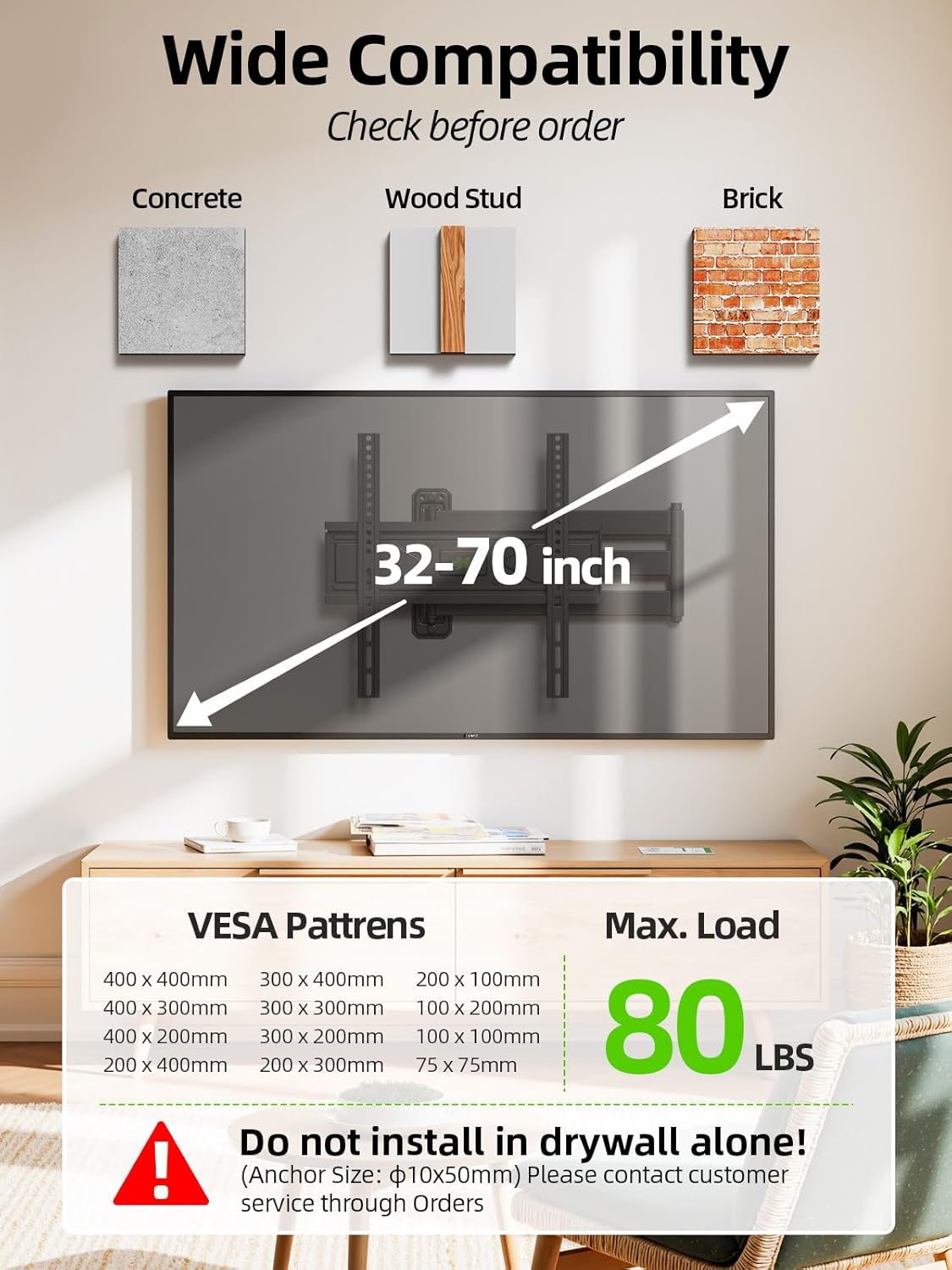 USX MOUNT Full Motion TV Wall Mount for Most 26-60 inch TVs up to 80 Lbs, Wall Mount TV Bracket with Articulating Swivel Tilting, Single Stud TV Mount, Max VESA 400x400mm, XMM904