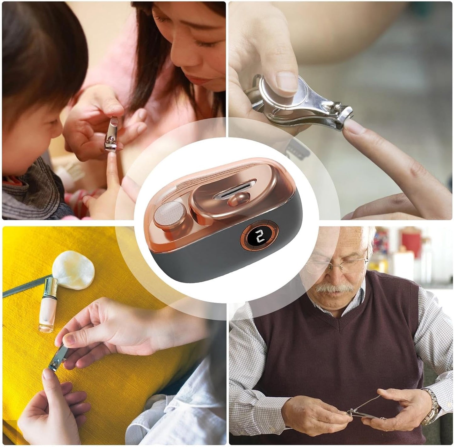 Electric Nail Clippers for Seniors - Automatic Nail Clipper | USB Rechargeable Fingernail Trimmer | LED Nail Clippers with 3-Speed Settings & Scraps Storage for Travel Home