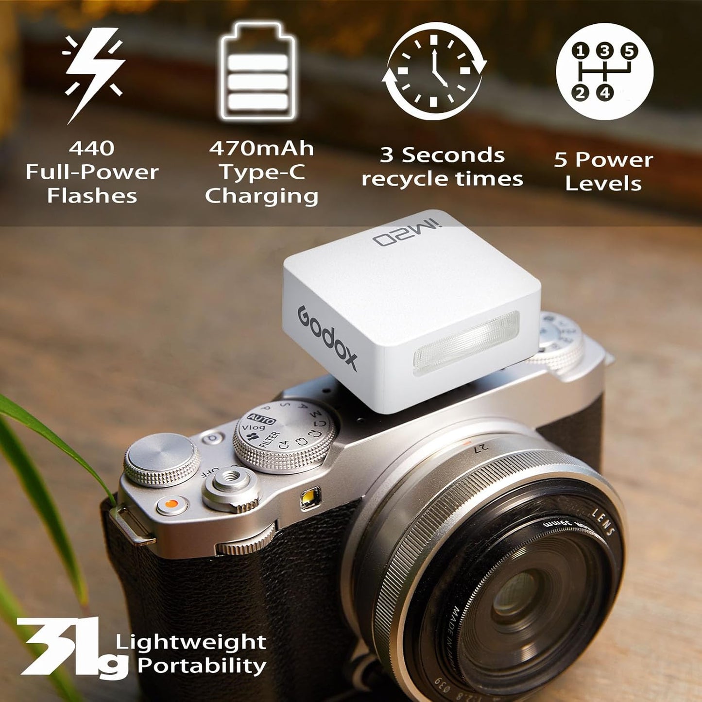 Godox Flash Godox iM20 Camera Flash - godox iM20 Mini Flash Manual 440 Full-Power Flashes/3s Recycle/5 Power Levels, Camera Flash for Sony zve10/Sony zv1/Sony a7iii/Ricoh gr3/Fujifilm f1 etc. (Black)