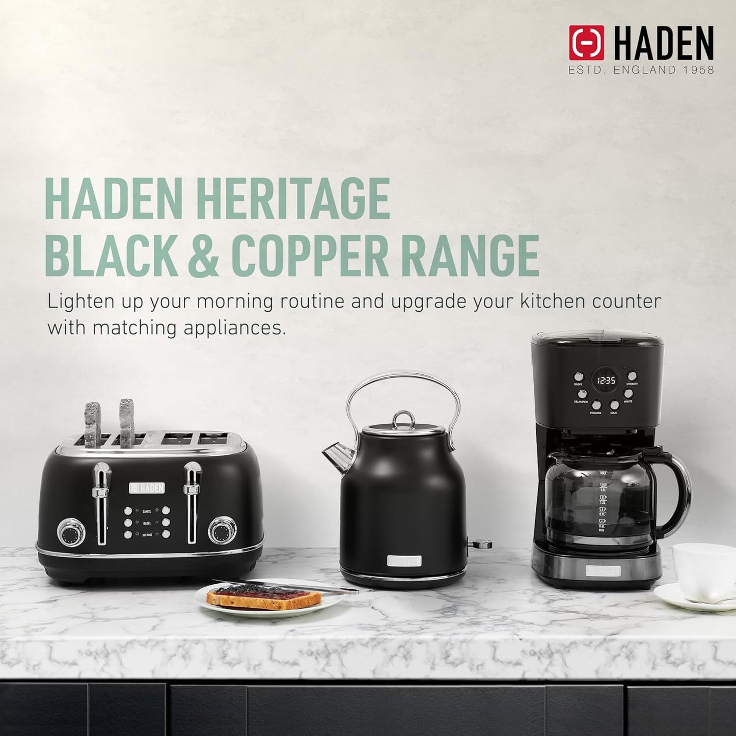 Haden 75041 Heritage 1.7 Liter (7 Cup) Stainless Steel Electric Kettle with Auto Shut-Off and Boil Dry Protection, Black/Copper
