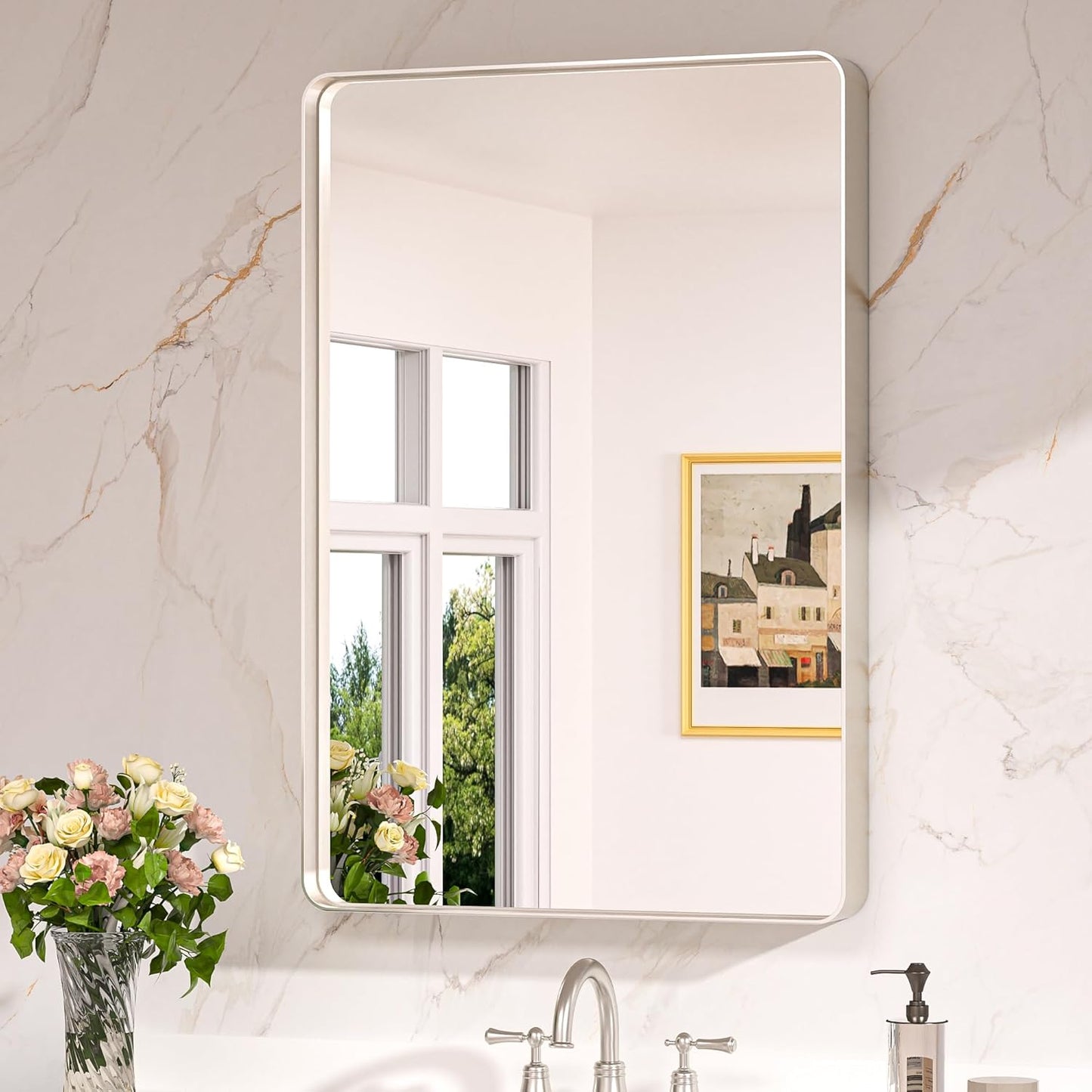Keonjinn 42 x 36 Brushed Nickel Bathroom Vanity Mirror, Large Rounded Rectangle Bathroom Mirrors for over Sink, Metal Framed Silver Mirror for Wall, Shatterproof HD Tempered Glass(Horizontal/Vertical)