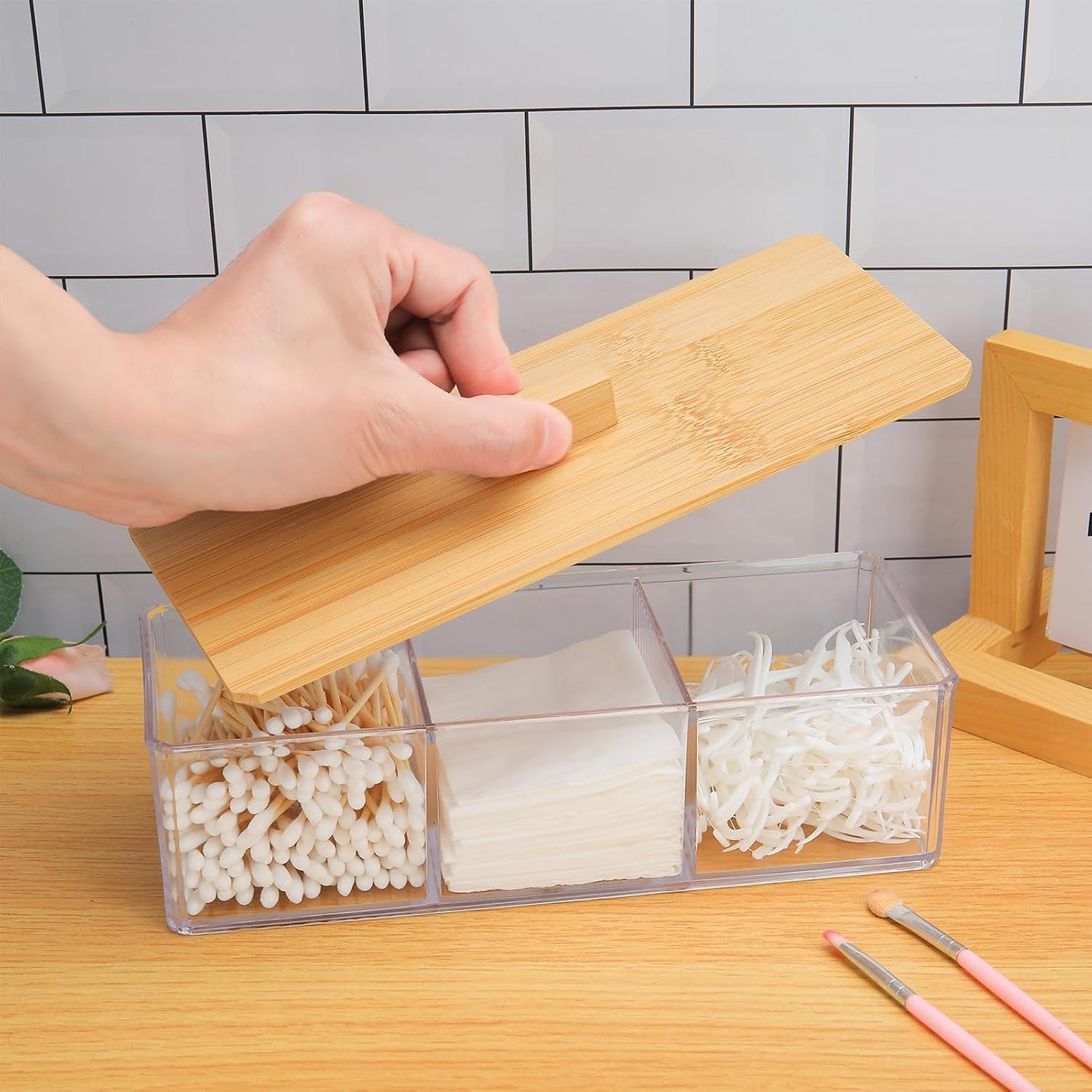 Clear Acrylic Cotton Swab and Ball Holder with Bamboo Lid, 3-Compartment Bathroom Organizer for Vanity, Makeup, and Countertop Storage - PuriLite