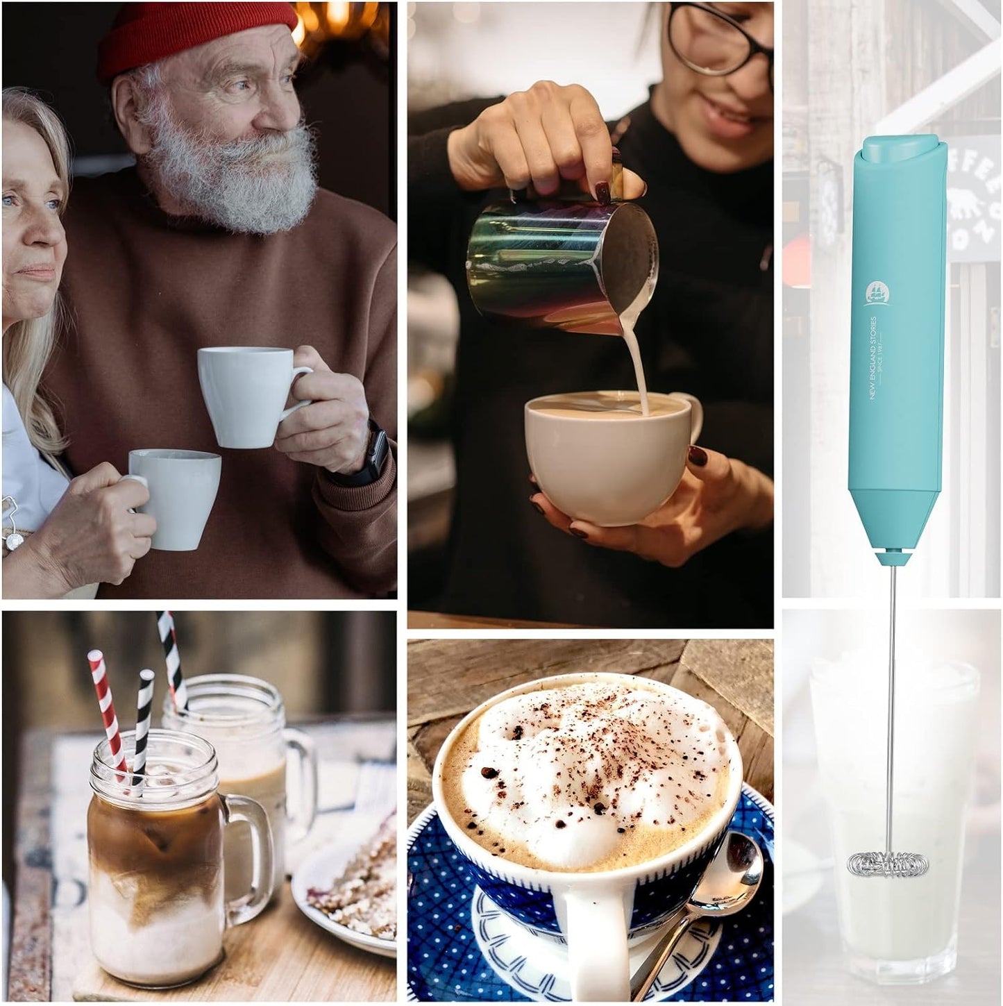 Powerful Milk Frother Handheld Foam Maker, Mini Whisk Drink Mixer for Coffee, Cappuccino, Latte, Matcha, Hot Chocolate, With Stand, Black