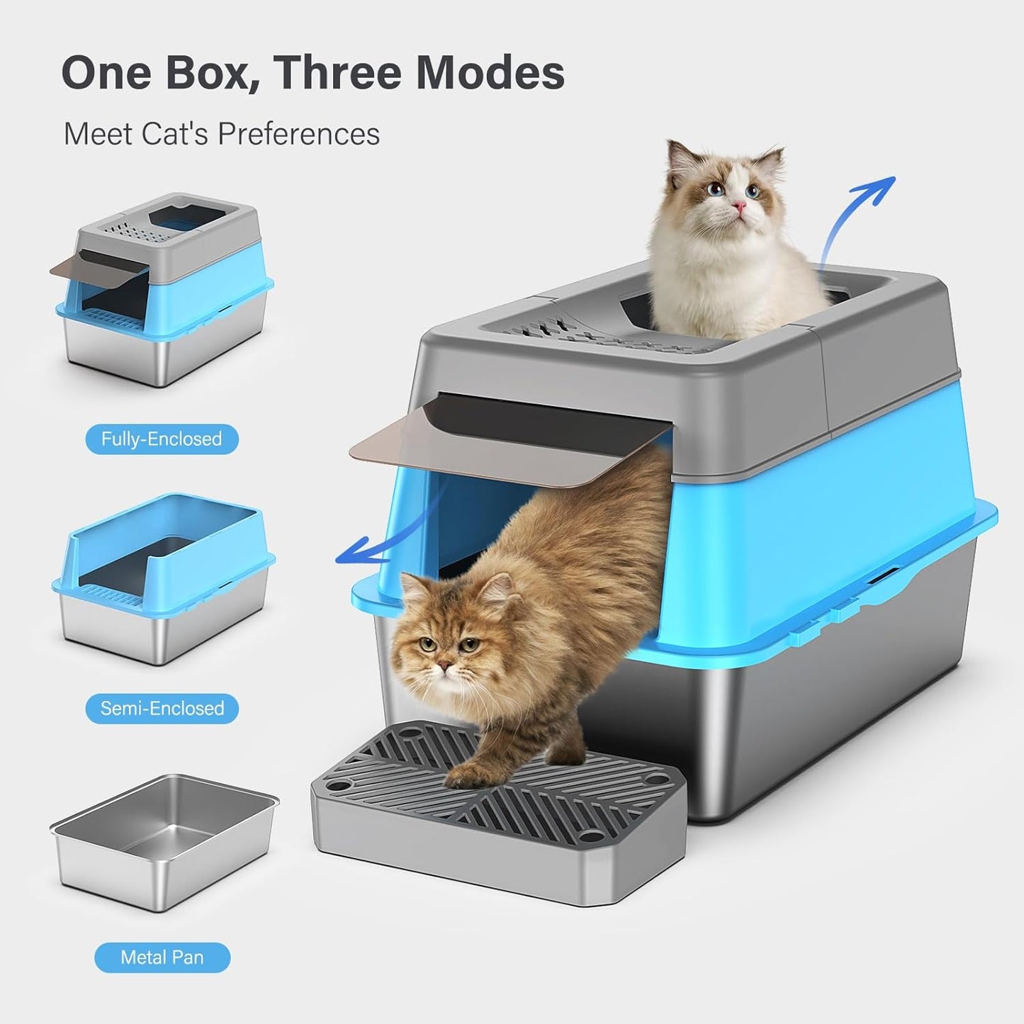 Stainless Steel Litter Box with Lid, XL Extra Large Enclosed Cat Litter Box for Big Cats 110° Flip Cover, Top Entry Metal High Sided Litter Box & Pedal & Scoop, Anti-Leakage (Grey)