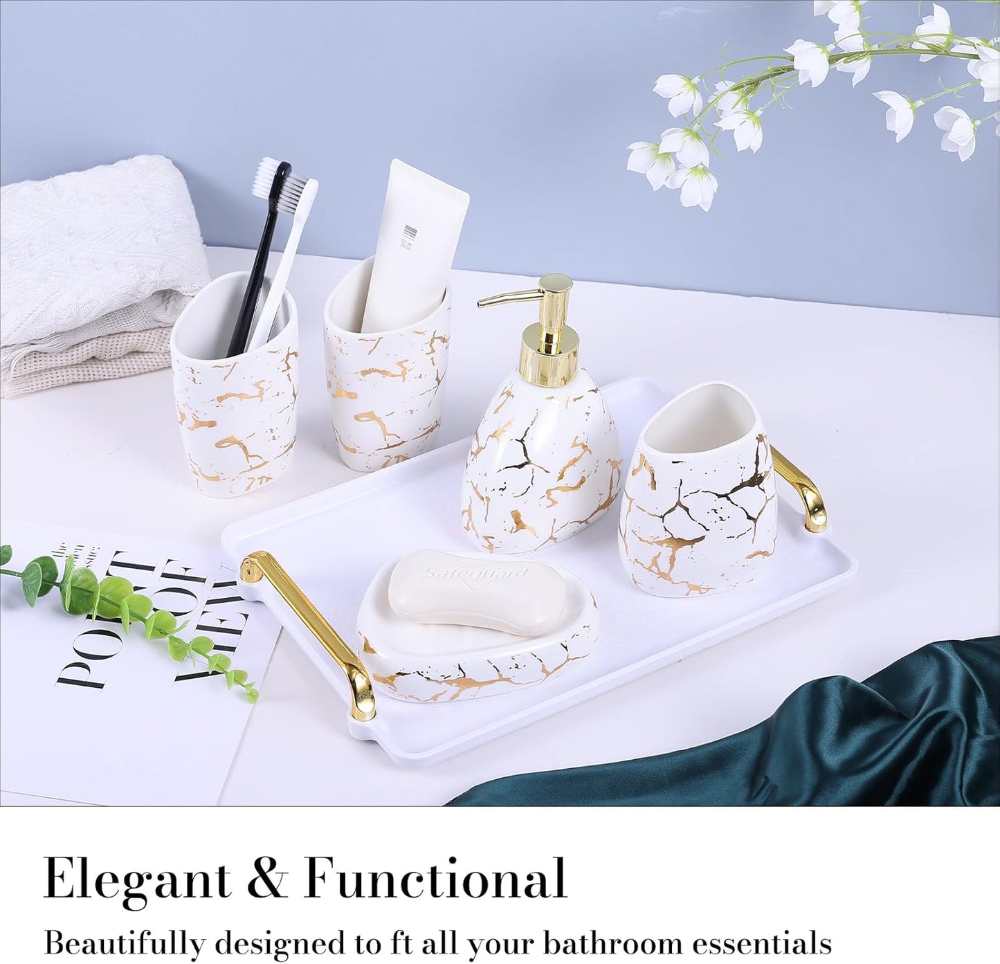 White Bathroom Accessories Set,Modern Countertop Bathroom Decor,Luxury 6 Piece Bathroom Accessory Set,Complete with Soap Dispenser,Toothbrush Holder,Tumbler,Tray
