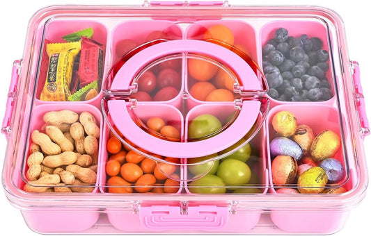 KIGITIONE Snackle Box, Pink 8 Compartments Portable Serving Tray, Divided Snackle Box Container with Lid and Handle, Snack Organizer for Fruits, Snacks, Nuts, Candy, Ideal for Party, Travel & Picnics
