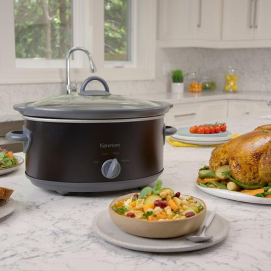 Kenmore 5 Quart Slow Cooker - Mini Crock Pot With Glass Lid, Stainless Steel Electric Cookers, Warm Rice & Sous Vide Stew, Soup, Lunch, Dishwaher Safe Non-Stick Ceramic Insert, 5 Lb Chicken 3 Lb Roast - PuriLite