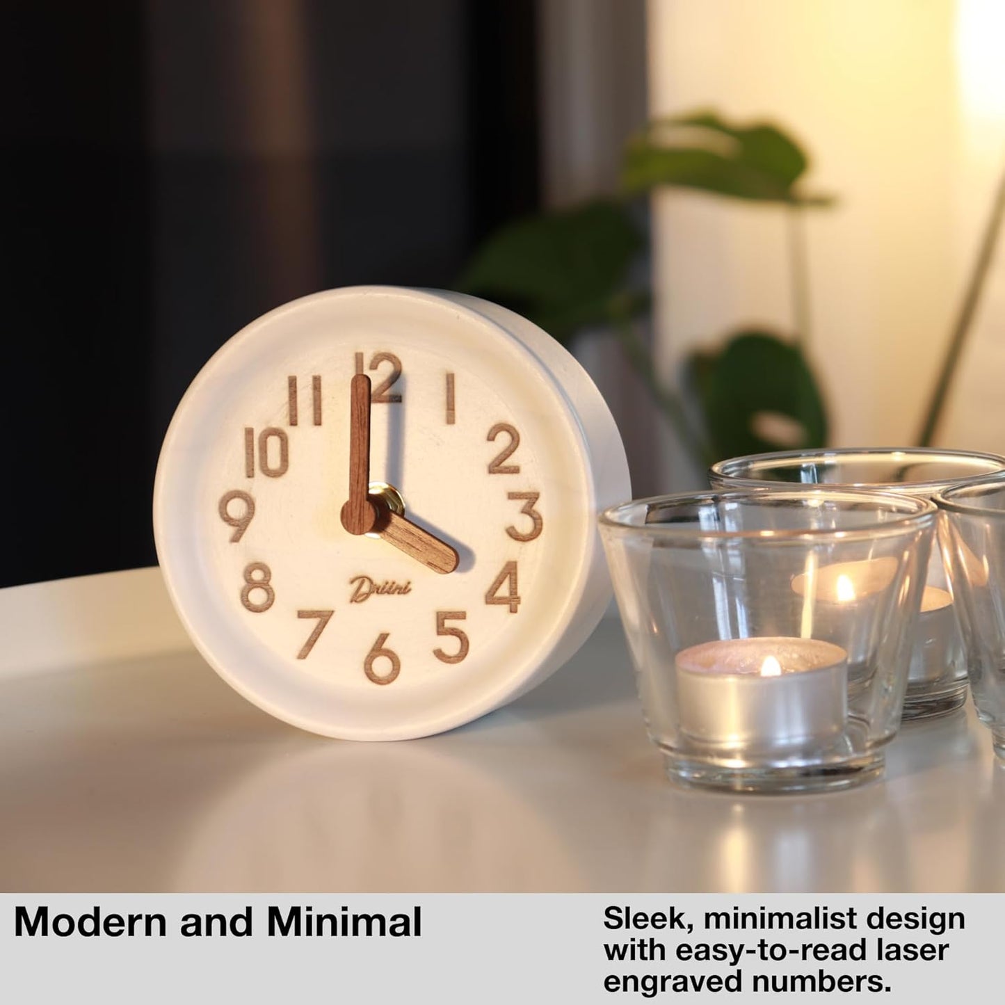 Driini Wooden Analog Desktop Clock – 4.3 in. Decorative Pinewood Clock, No-Tick Design – Easy to Read Silent Sweep Mantle Clock – Quiet Tabletop Clocks with Wood Body, Hands, & Battery Cover; Blue